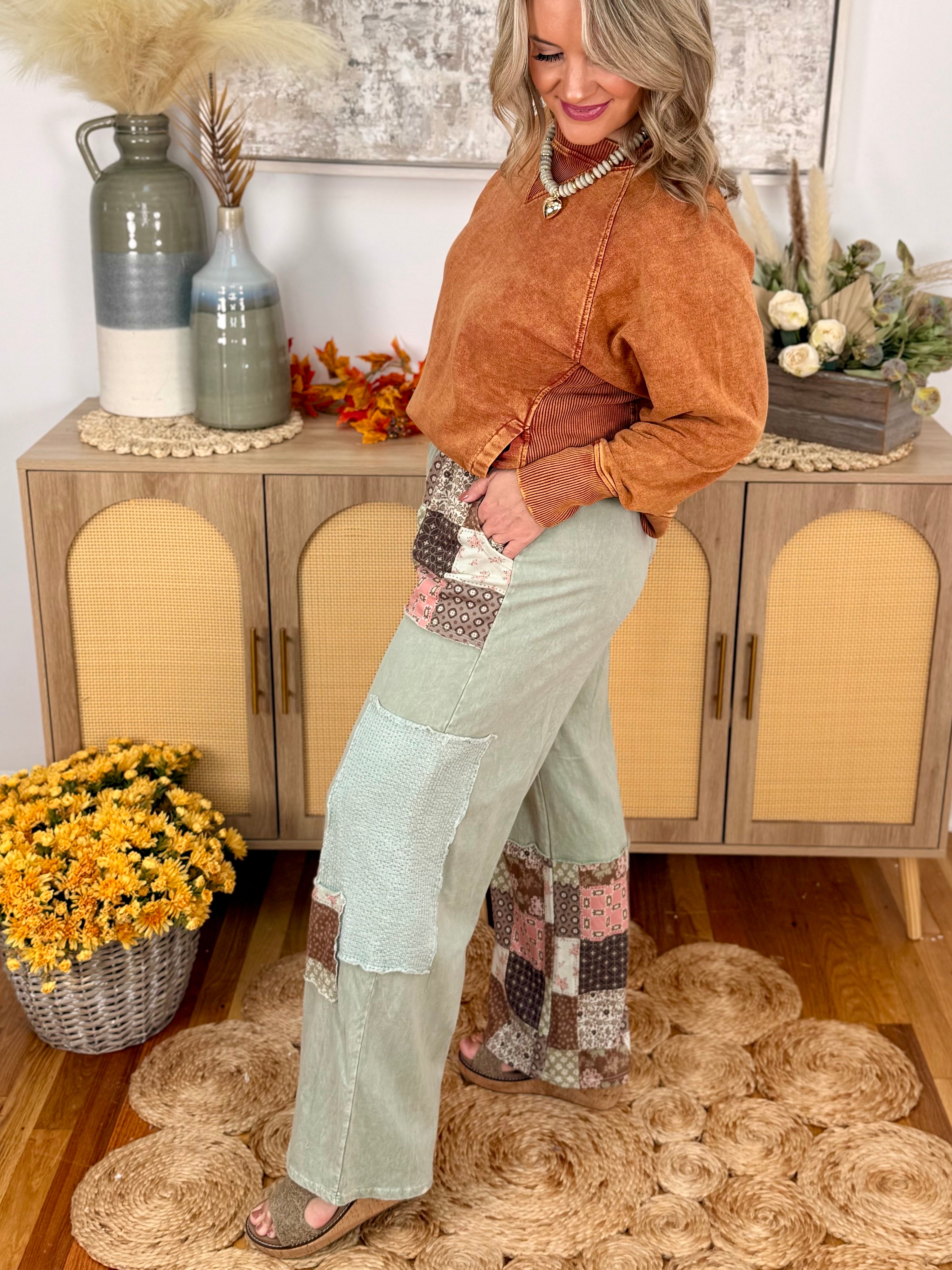 Sage & Soul Mineral Washed Patchwork Pants-110 Long Sleeve Top-jHer-The Lovely Closet, Women's Fashion Boutique in Alexandria, KY