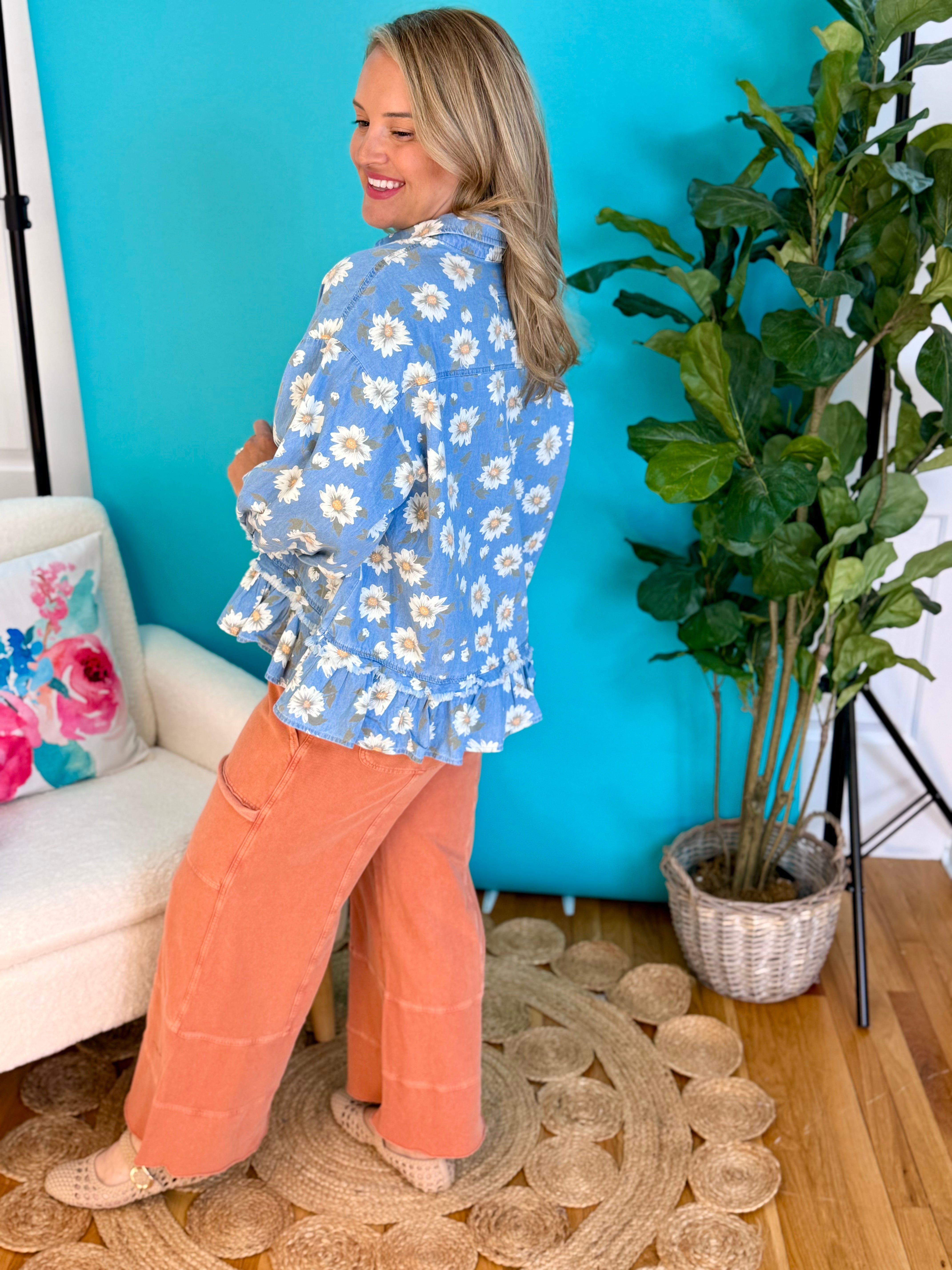 Daisy Print Denim Top-110 Long Sleeve Top-easel-The Lovely Closet, Women's Fashion Boutique in Alexandria, KY
