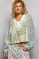 Long Sleeve Lace Contrast Printed Woven Top-110 Long Sleeve Top-Pol Clothing-The Lovely Closet, Women's Fashion Boutique in Alexandria, KY