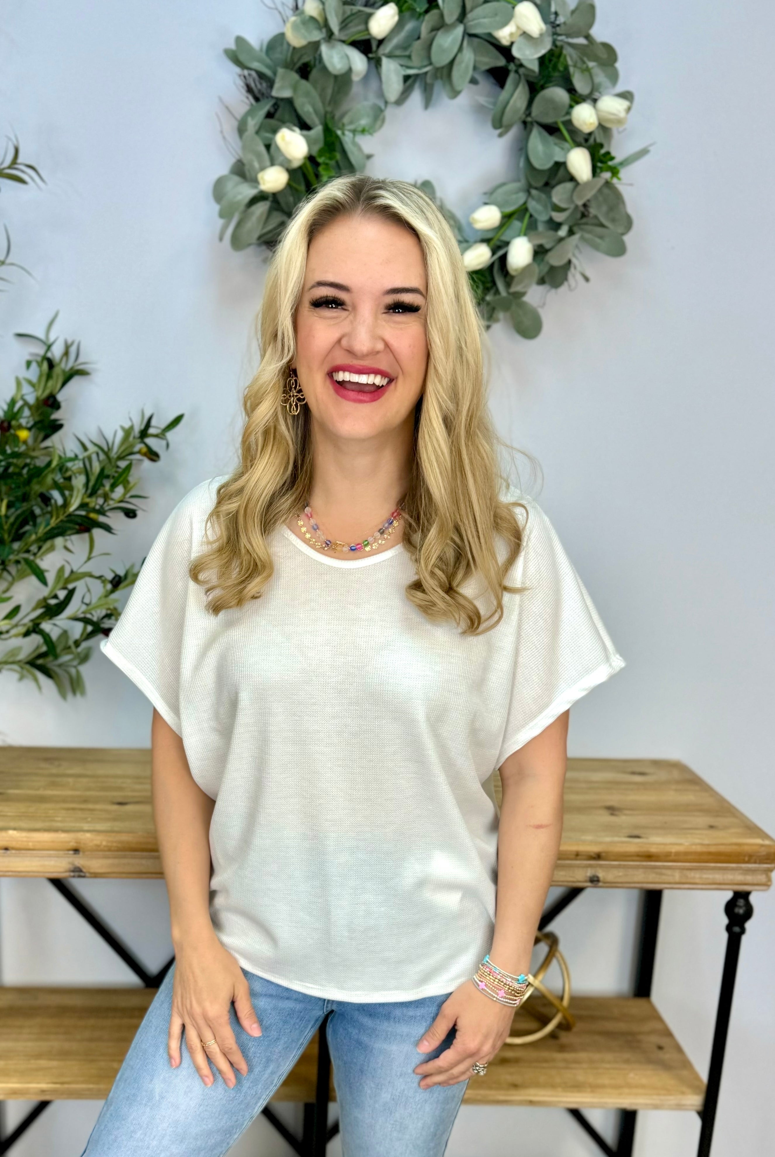 Choose Happy Micro Waffle Knit Top - White-100 Short Sleeve Tops-The Lovely Closet-The Lovely Closet, Women's Fashion Boutique in Alexandria, KY