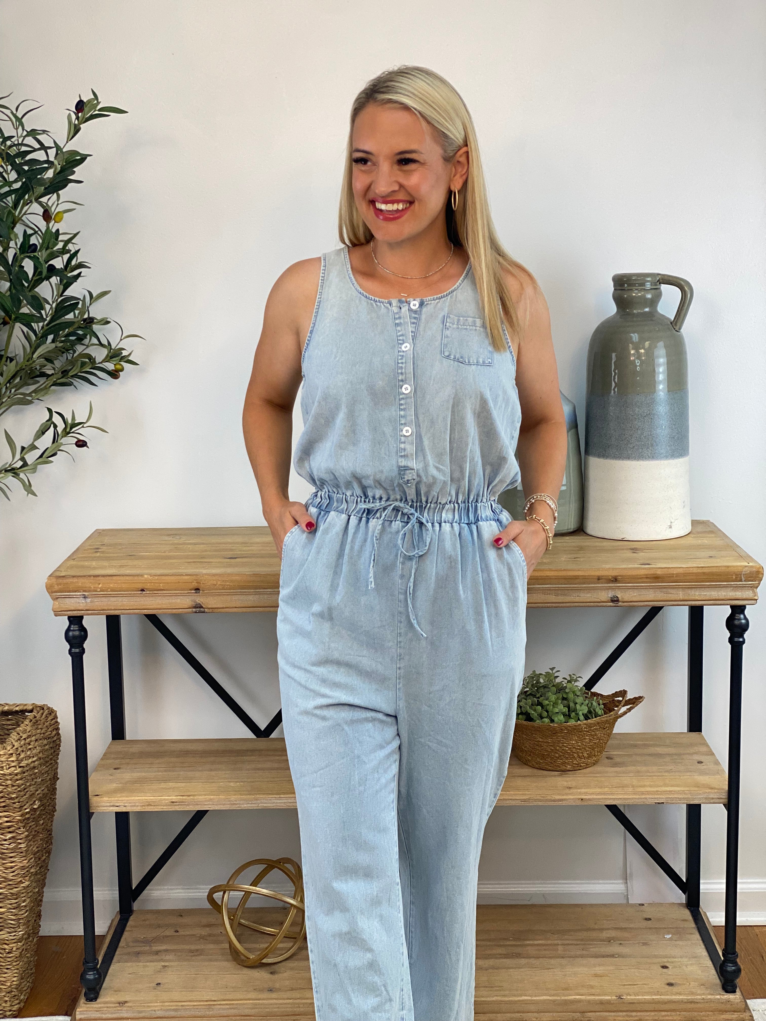 Chambray Jumpsuit-190 Rompers/Jumpsuits/Sets-The Lovely Closet-The Lovely Closet, Women's Fashion Boutique in Alexandria, KY