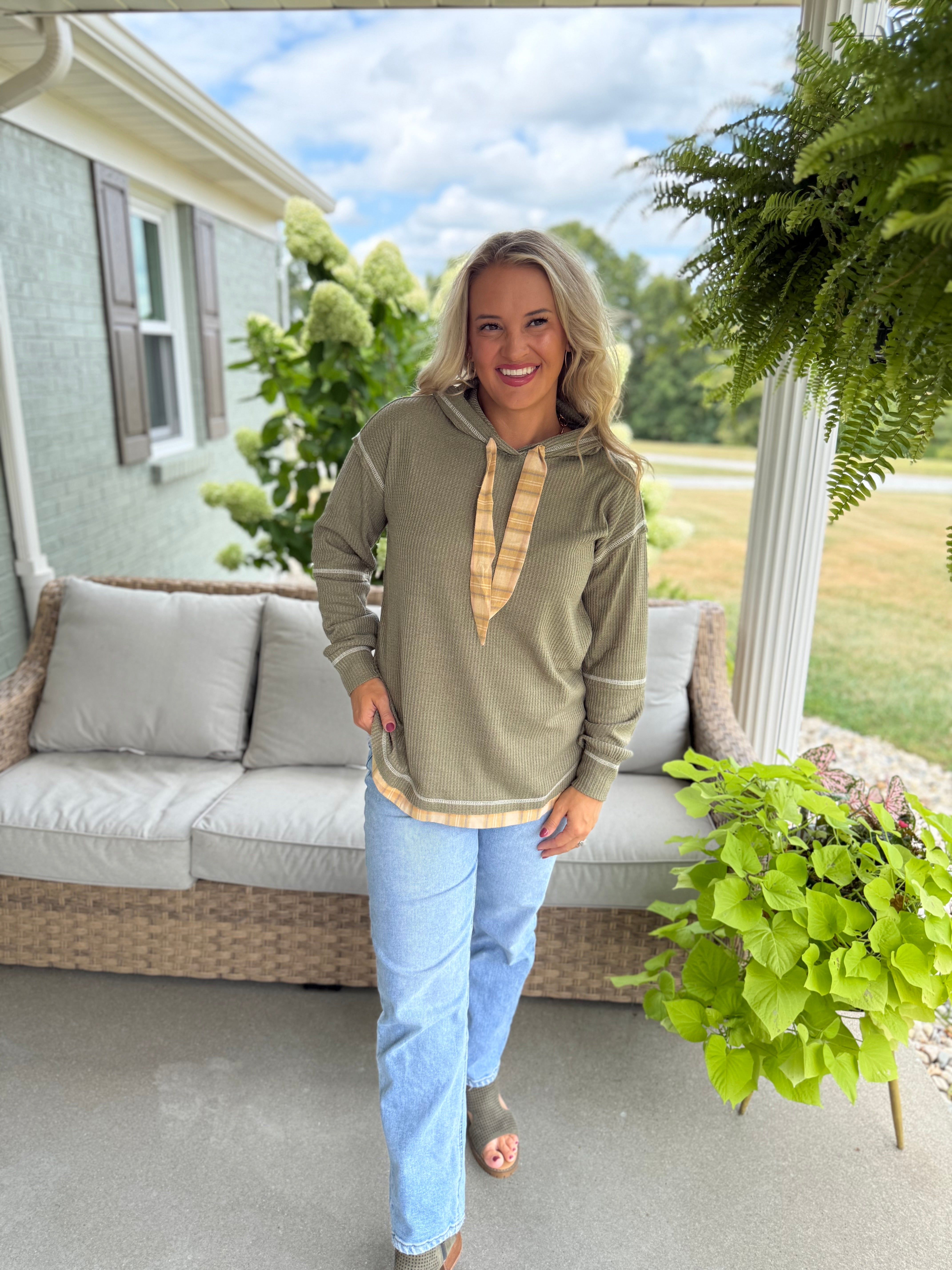WAFFLE KNIT PLAID DETAIL HOODED PULLOVER-110 Long Sleeve Top-Doe and Rae-The Lovely Closet, Women's Fashion Boutique in Alexandria, KY