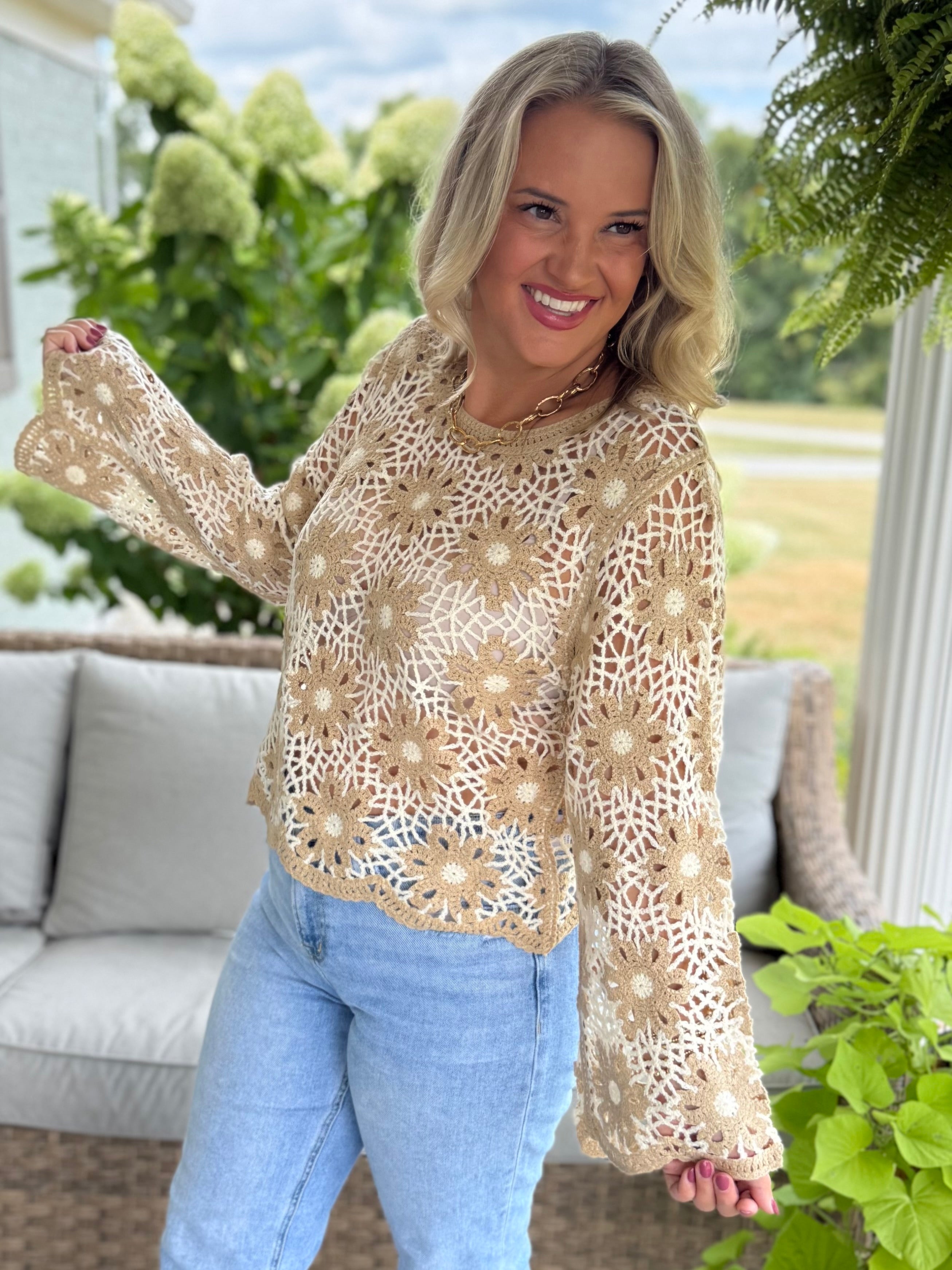 Crochet Top-110 Long Sleeve Top-bibi-The Lovely Closet, Women's Fashion Boutique in Alexandria, KY