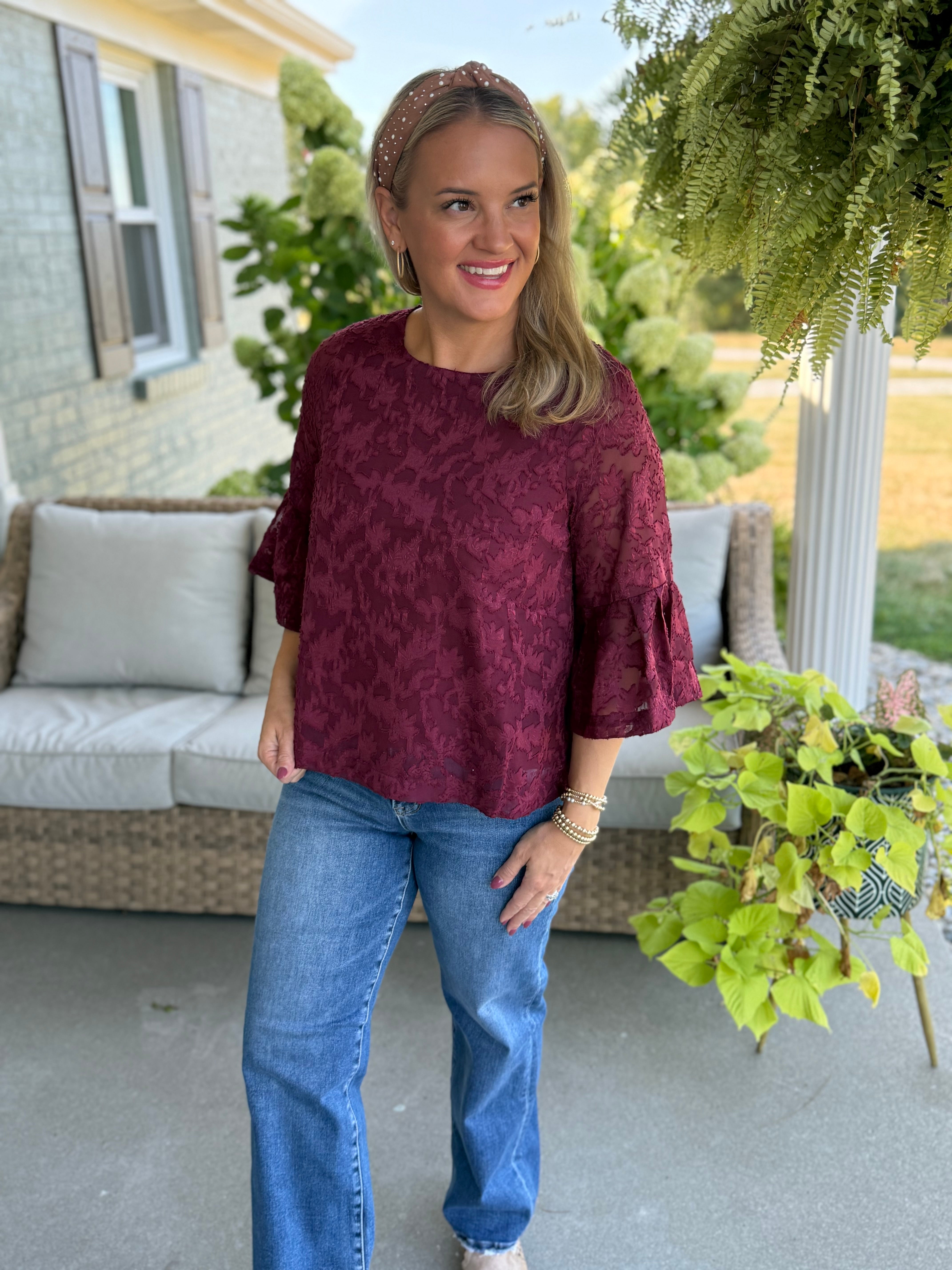 September Stroll Jacquard Bell Sleeve Chiffon Blouse-100 Short Sleeve Tops-Anniewear-The Lovely Closet, Women's Fashion Boutique in Alexandria, KY