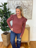 Brushed Stripe Ruffle Shoulder Top-110 Long Sleeve Top-Anniewear-The Lovely Closet, Women's Fashion Boutique in Alexandria, KY