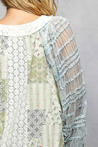 Long Sleeve Lace Contrast Printed Woven Top-110 Long Sleeve Top-Pol Clothing-The Lovely Closet, Women's Fashion Boutique in Alexandria, KY