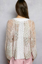 Long Sleeve Lace Contrast Printed Woven Top-110 Long Sleeve Top-Pol Clothing-The Lovely Closet, Women's Fashion Boutique in Alexandria, KY