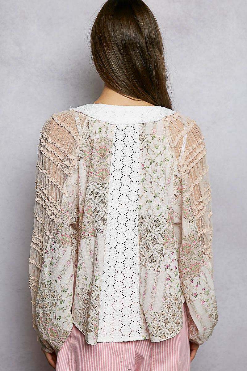 Long Sleeve Lace Contrast Printed Woven Top-110 Long Sleeve Top-Pol Clothing-The Lovely Closet, Women's Fashion Boutique in Alexandria, KY