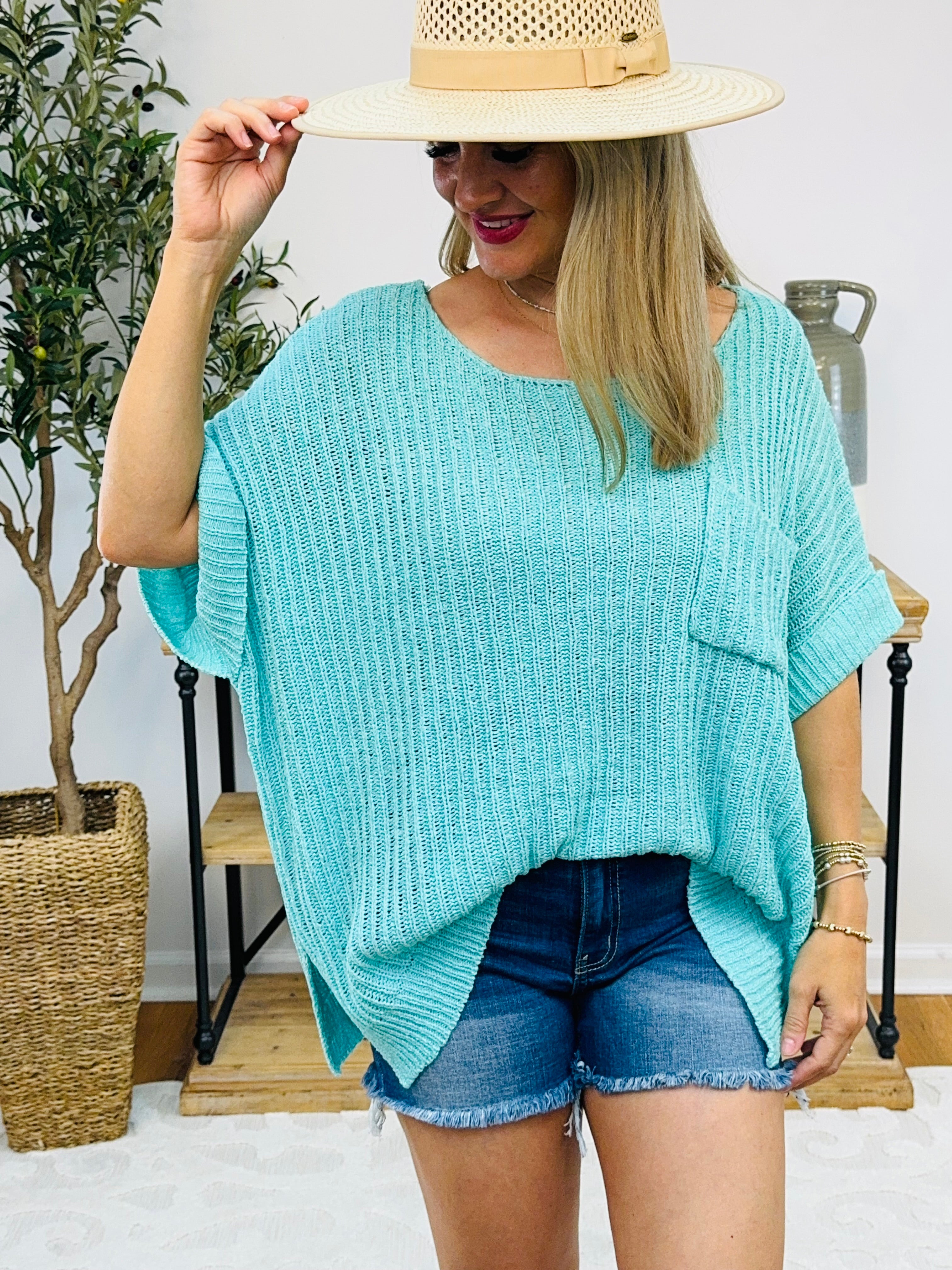 Surf & Sand Short Sleeve Sweater - Aqua-140 Sweaters-The Lovely Closet-The Lovely Closet, Women's Fashion Boutique in Alexandria, KY