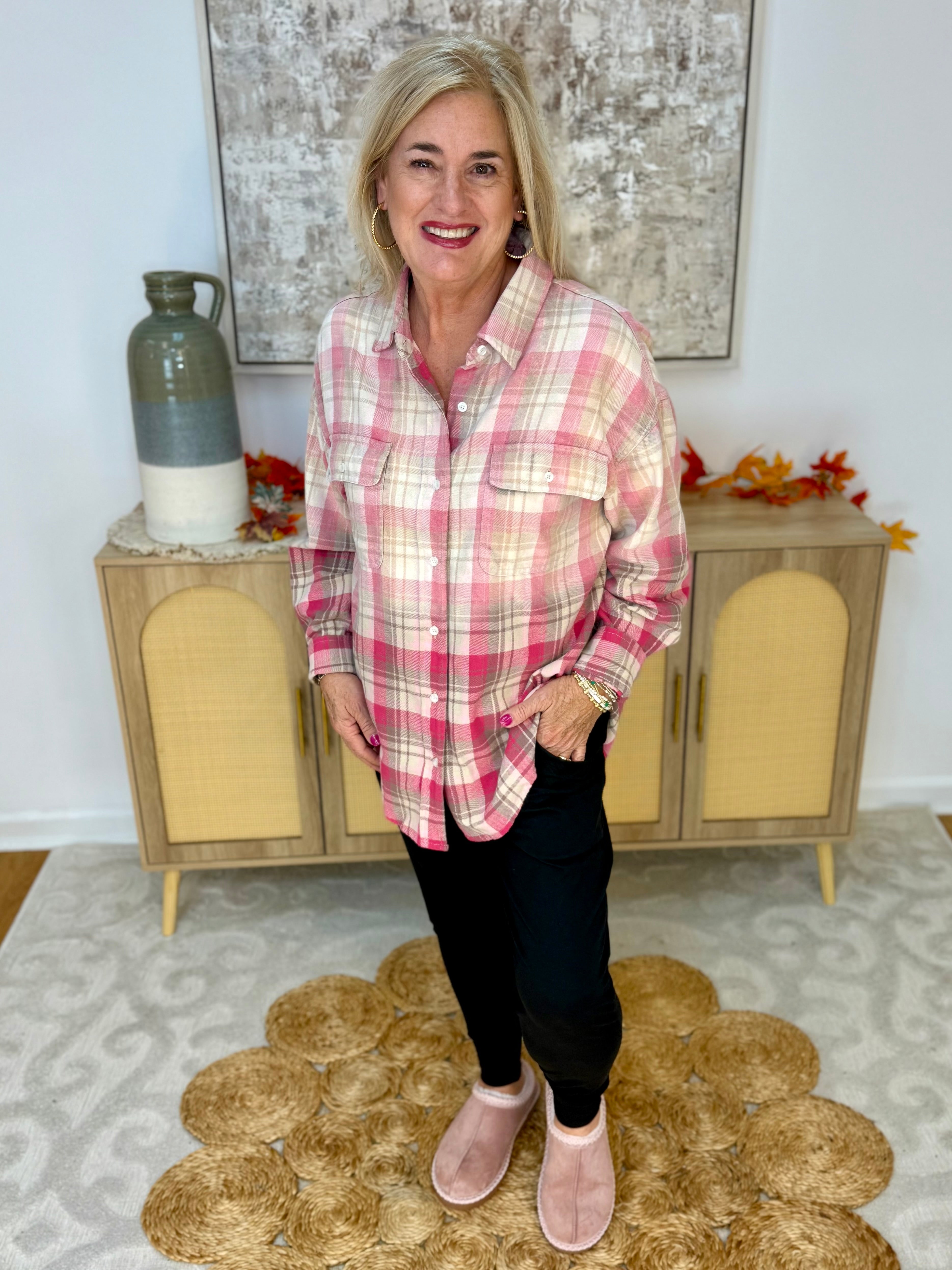 Pink Plaid Ombre Flannel Button Down-110 Long Sleeve Top-White Birch-The Lovely Closet, Women's Fashion Boutique in Alexandria, KY