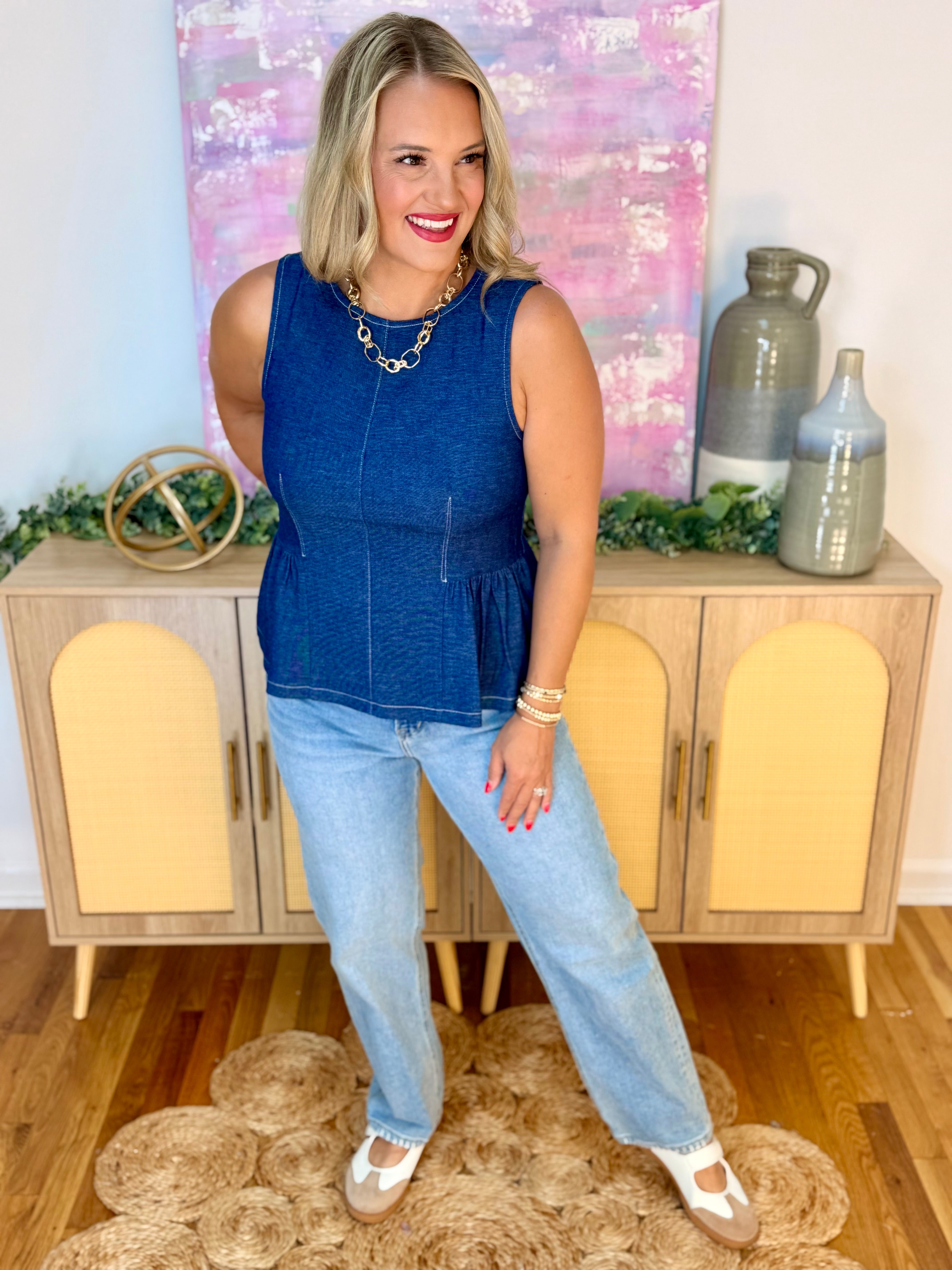 Darling Days Peplum Top - Denim Blue-120 Sleeveless Tops-She + Sky-The Lovely Closet, Women's Fashion Boutique in Alexandria, KY