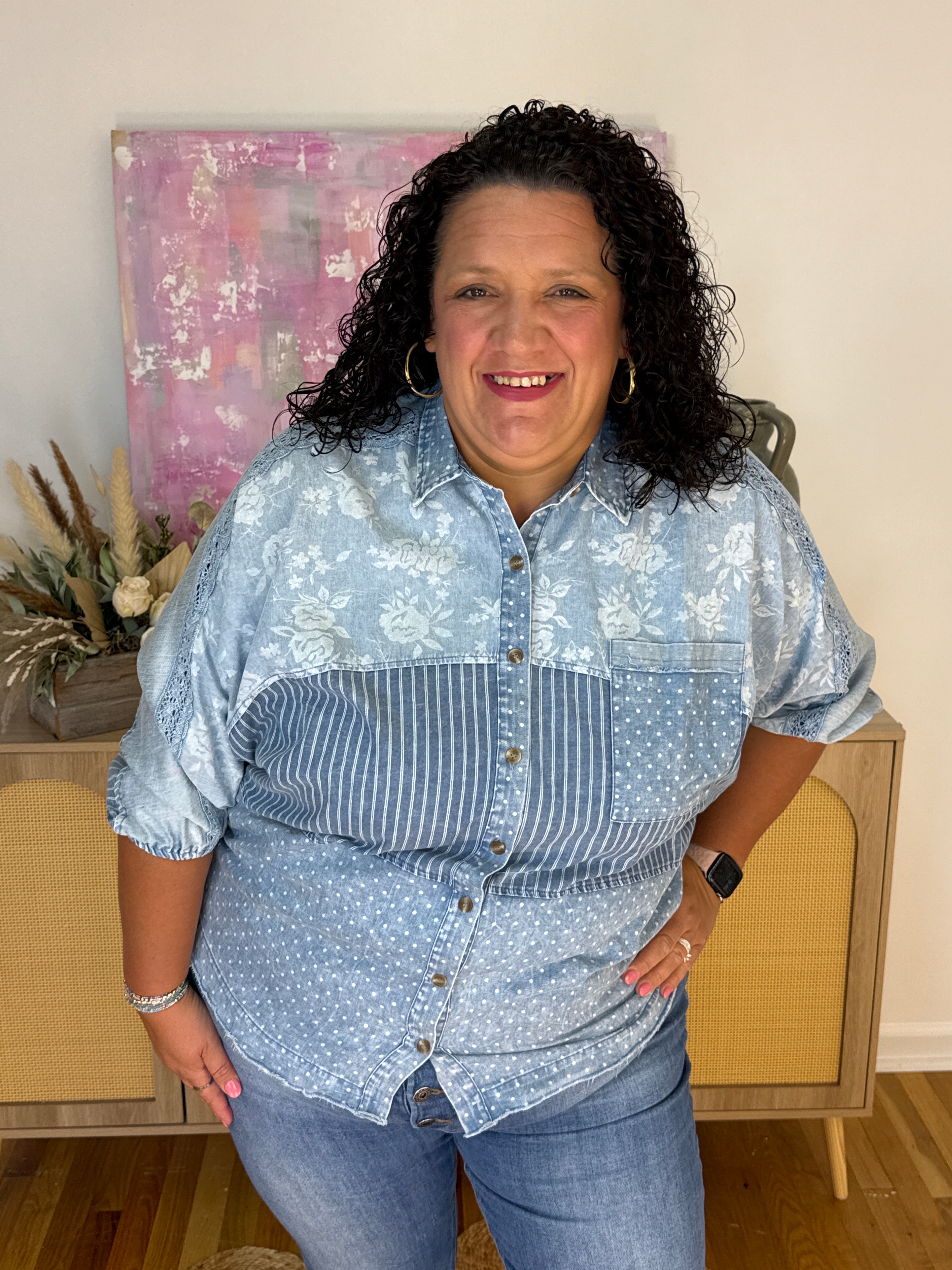 Running Late Chambray Denim Top-110 Long Sleeve Top-easel-The Lovely Closet, Women's Fashion Boutique in Alexandria, KY