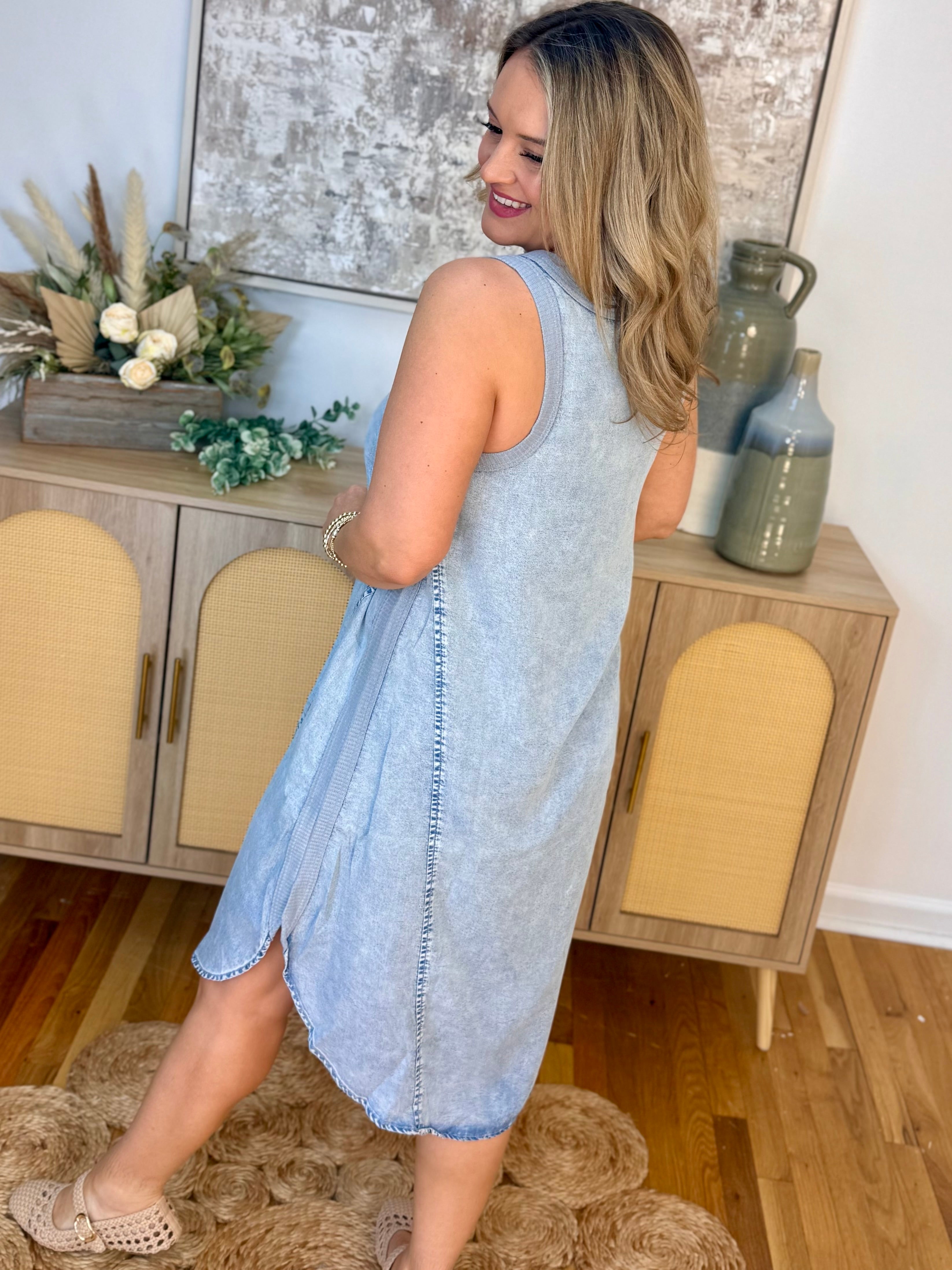 Get Out of Town Midi Dress - Chambray-180 Dresses-Doe and Rae-The Lovely Closet, Women's Fashion Boutique in Alexandria, KY