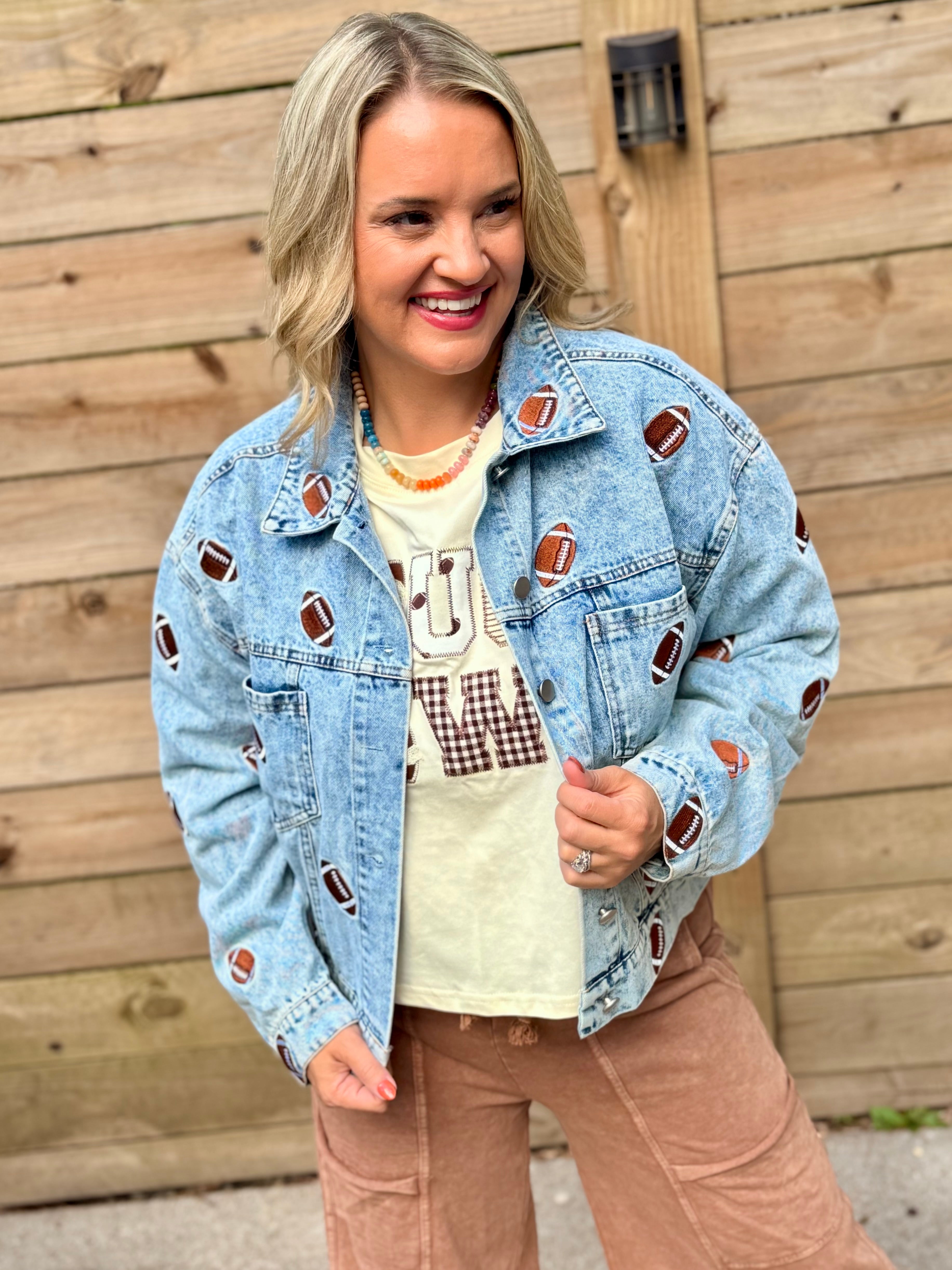 Football Fanatic Embroidered Denim Jacket-170 Jackets/Outerwear-The Lovely Closet-The Lovely Closet, Women's Fashion Boutique in Alexandria, KY