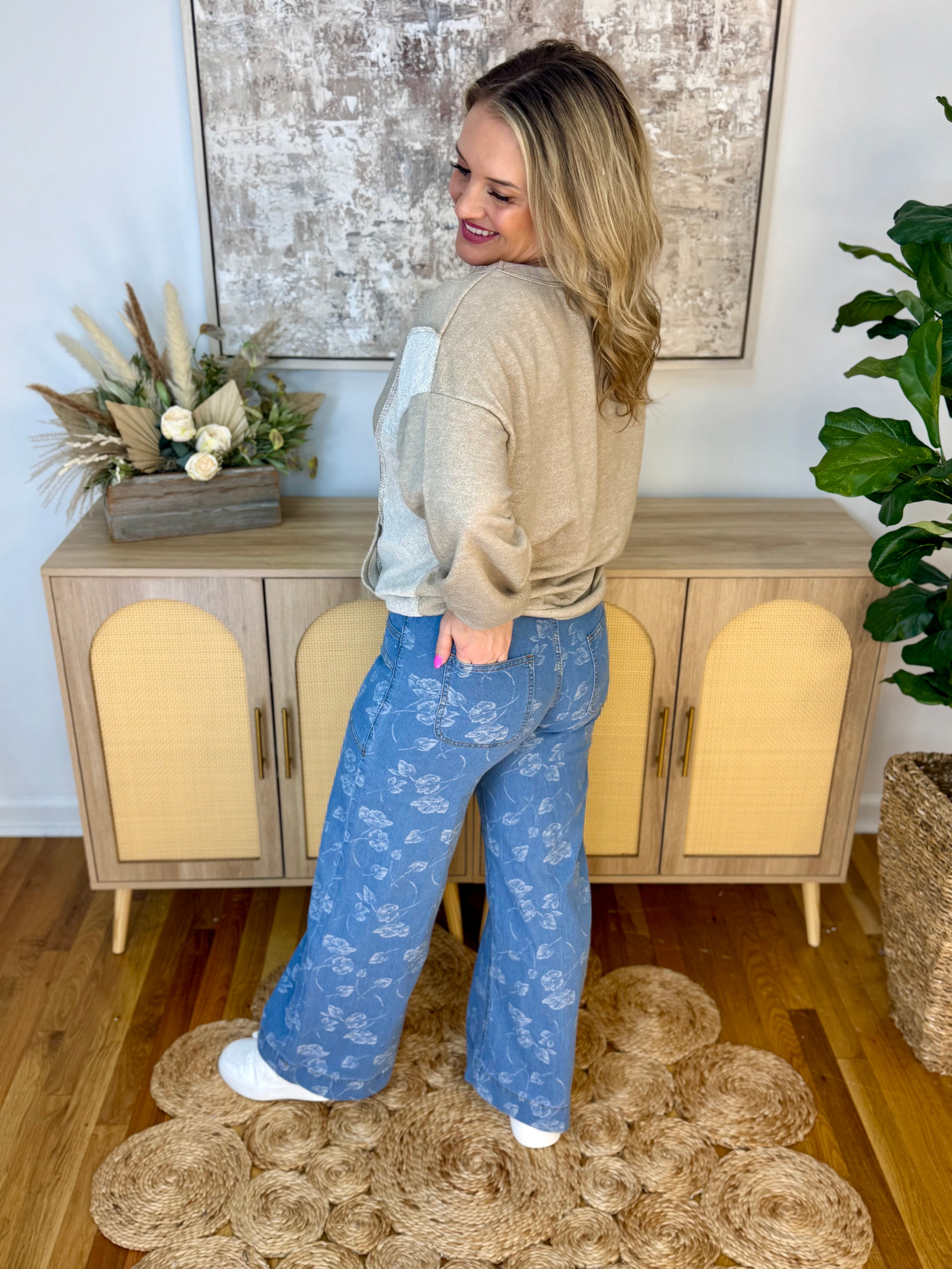 Floral Printed Denim Wide Leg Pants-240 Pants-The Lovely Closet-The Lovely Closet, Women's Fashion Boutique in Alexandria, KY