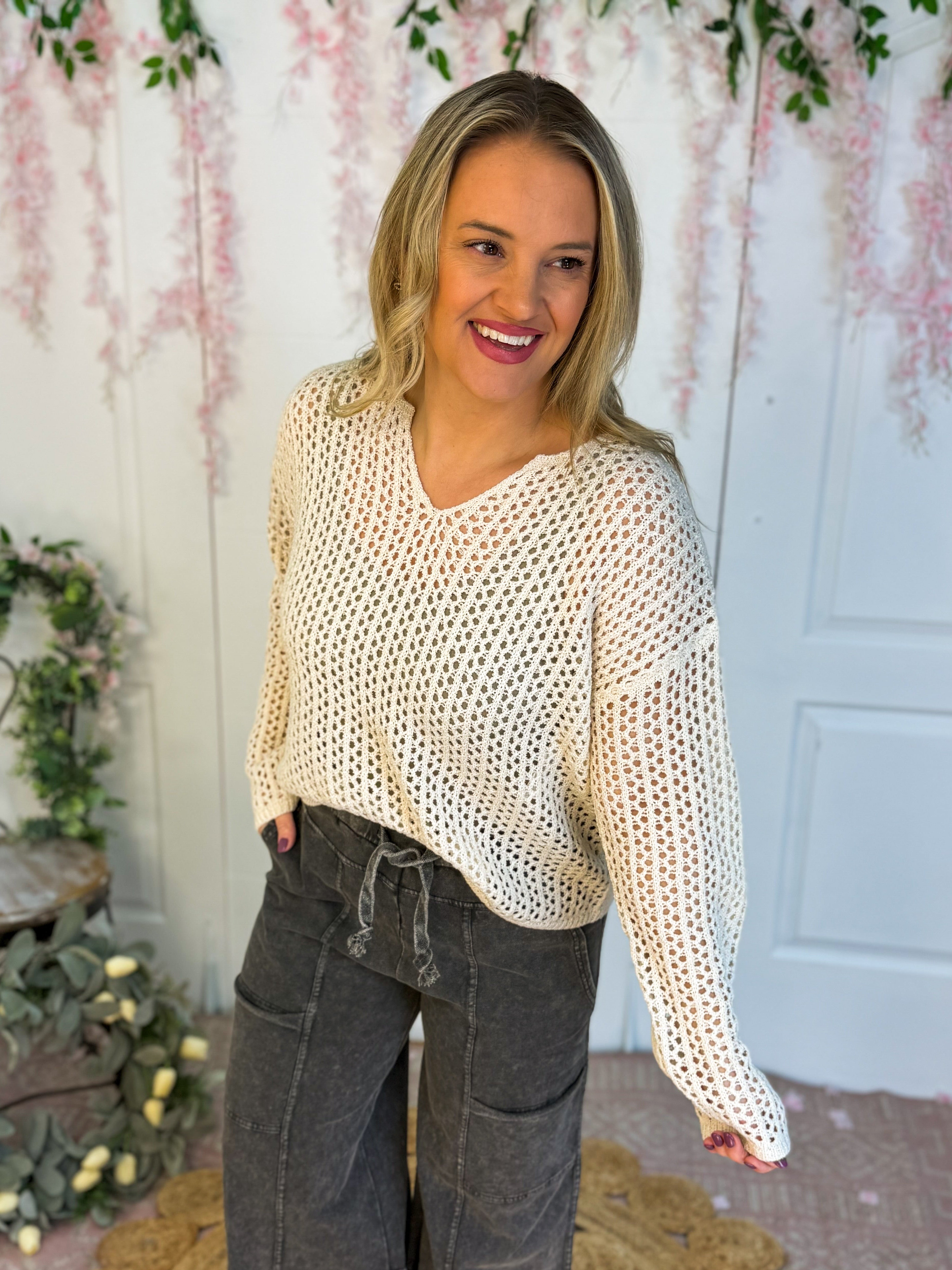 Open Knit Sweater - Oatmeal-140 Sweaters-The Lovely Closet-The Lovely Closet, Women's Fashion Boutique in Alexandria, KY