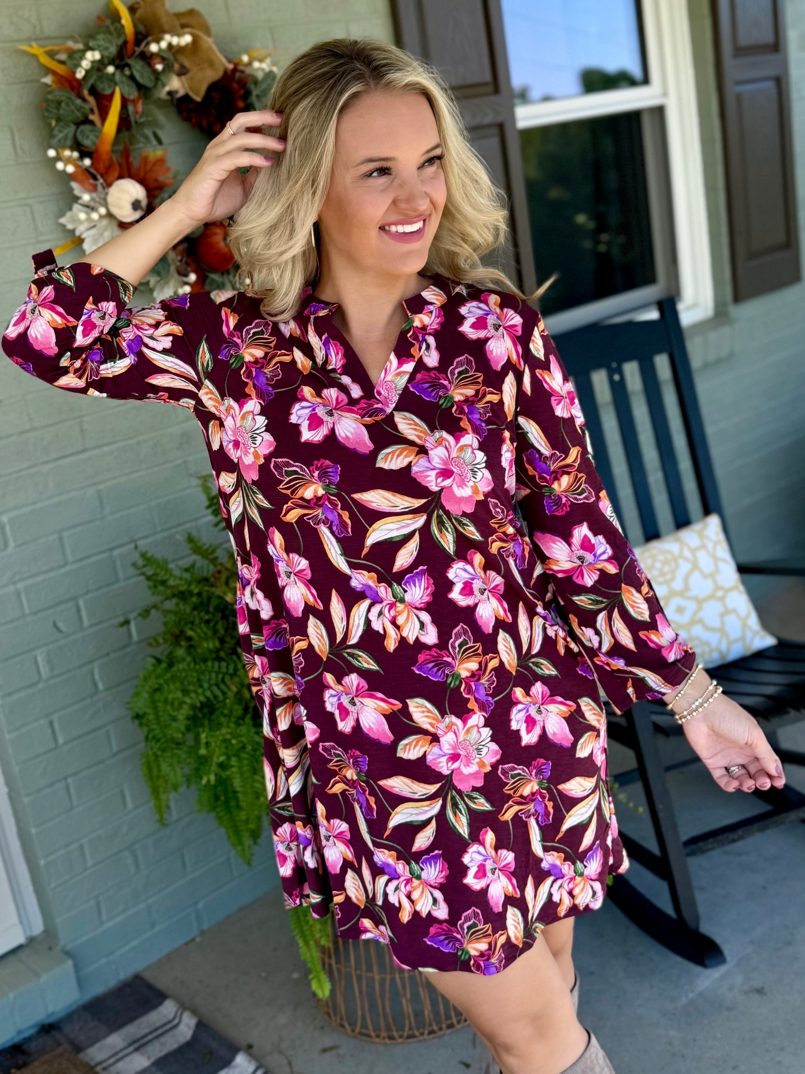 FINAL SALE - Everly Essential Dress - Deep Plum Floral Print-180 Dresses-Dear Scarlett-The Lovely Closet, Women's Fashion Boutique in Alexandria, KY