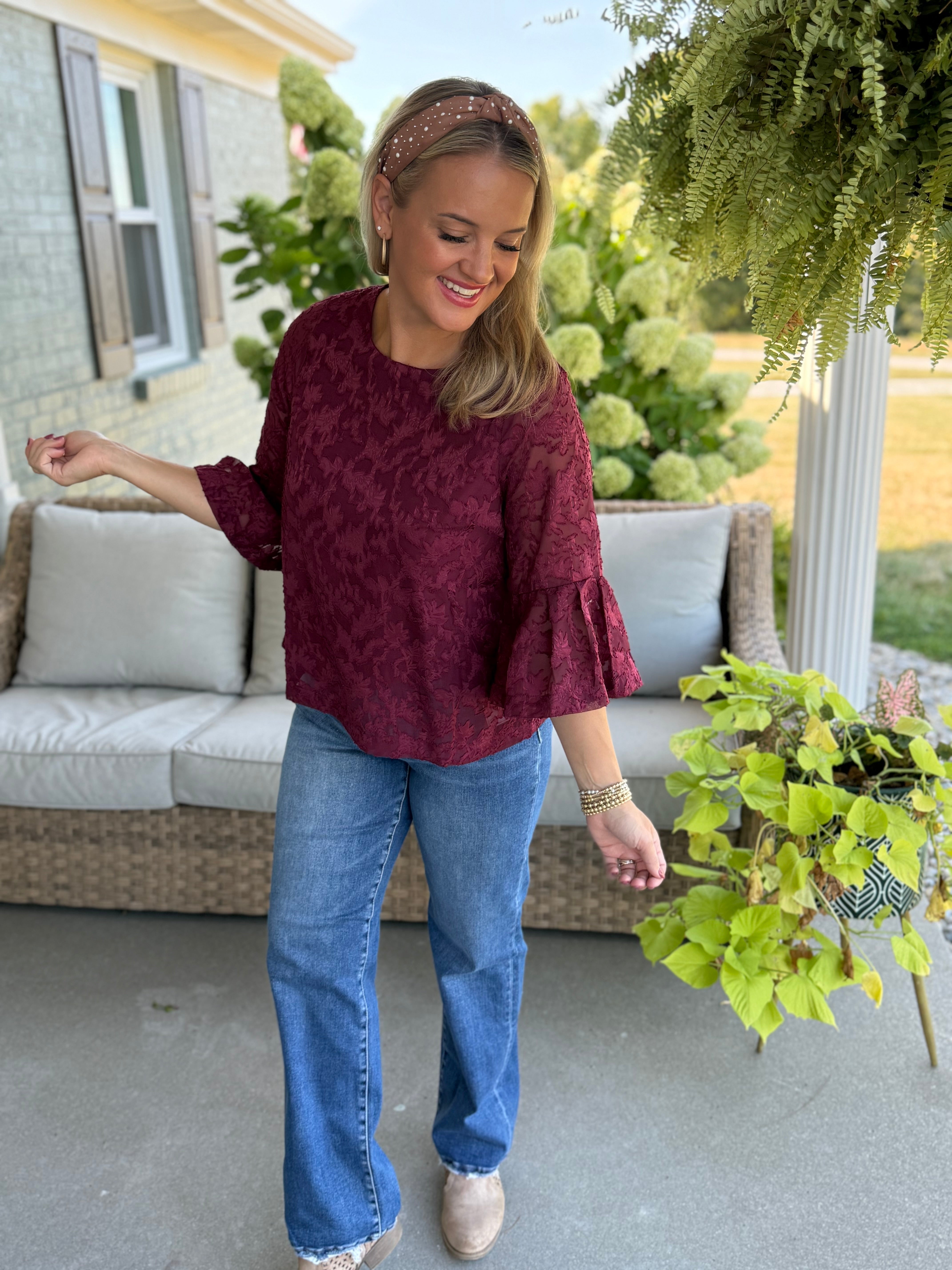 FINAL SALE- September Stroll Jacquard Bell Sleeve Chiffon Blouse-100 Short Sleeve Tops-Anniewear-The Lovely Closet, Women's Fashion Boutique in Alexandria, KY