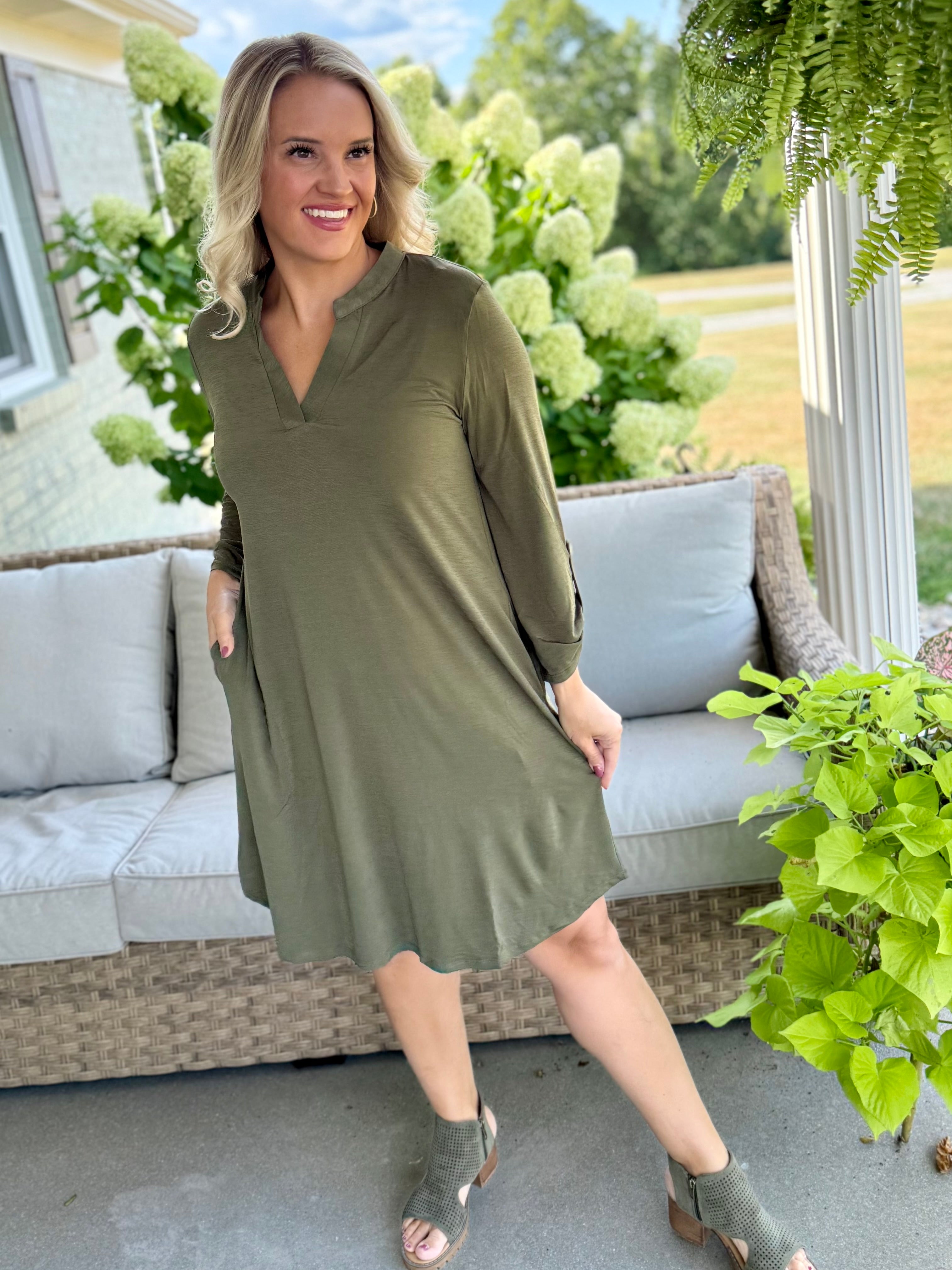 FINAL SALE - Everly Essential Dress - Olive-180 Dresses-Dear Scarlett-The Lovely Closet, Women's Fashion Boutique in Alexandria, KY