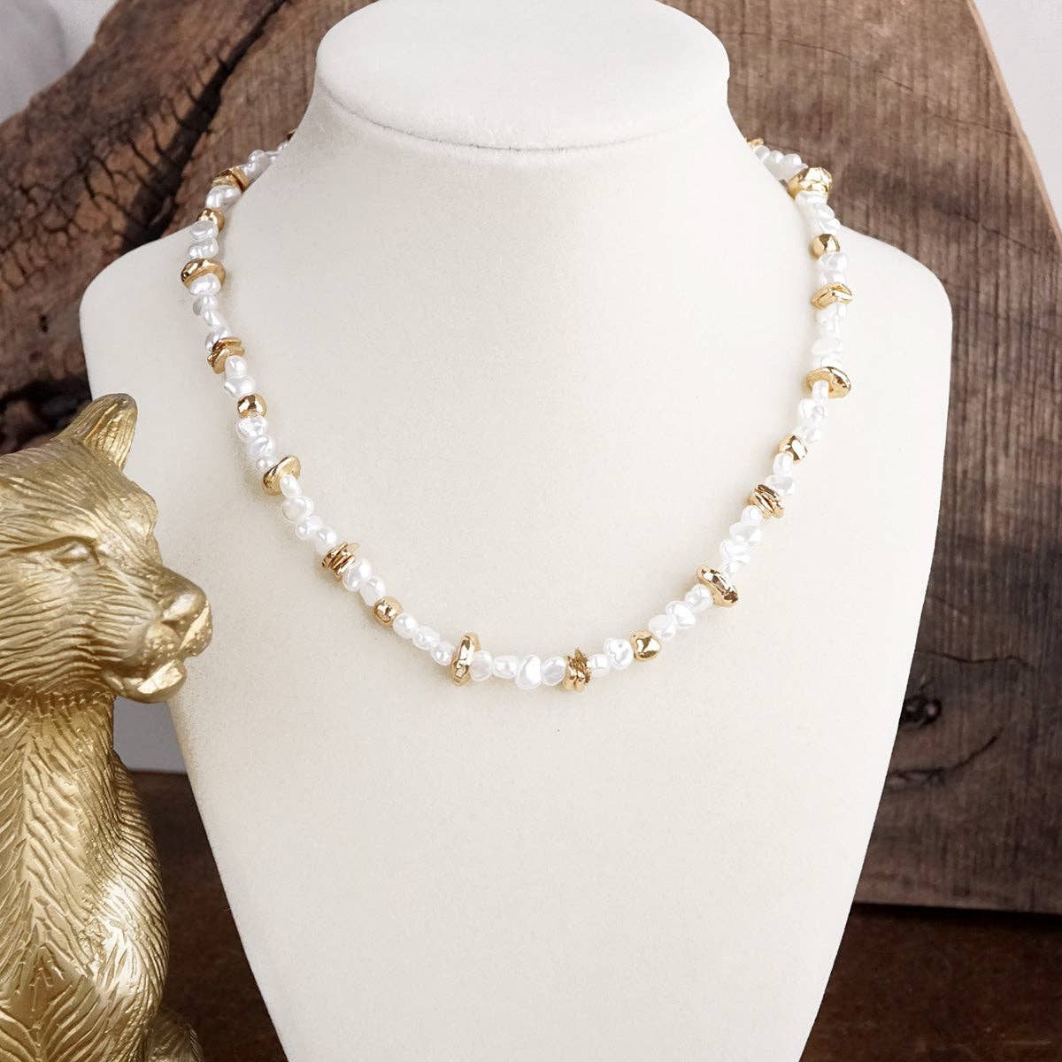 Golden Drift – Dainty Necklace with Faux Pearls and Nugget Beads-250 Jewelry-PennyLine inc-The Lovely Closet, Women's Fashion Boutique in Alexandria, KY