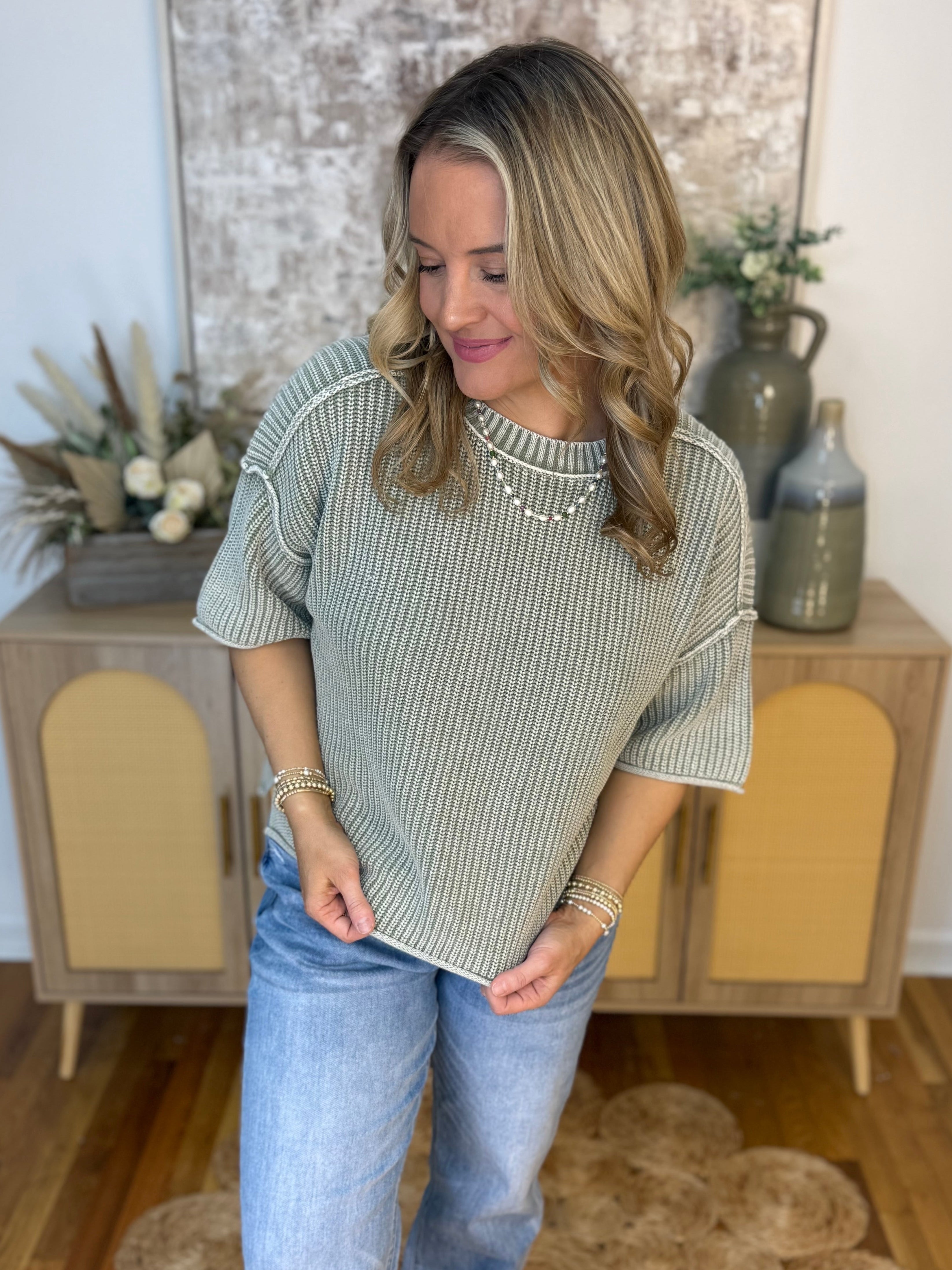 Let's Getaway Short Sleeve Sweater - Sage-100 Short Sleeve Tops-Blu Pepper-The Lovely Closet, Women's Fashion Boutique in Alexandria, KY