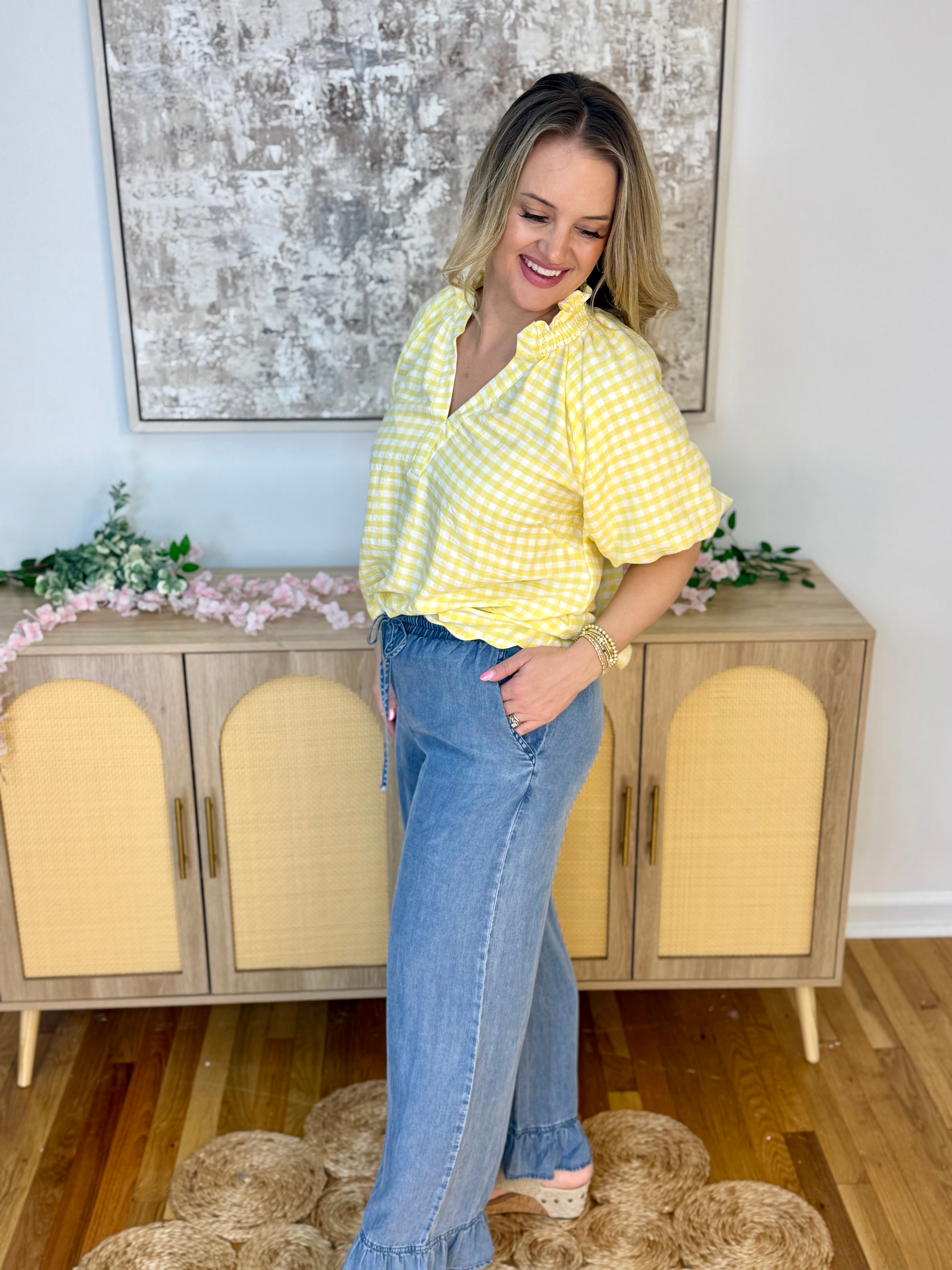 Good Days Only Denim Ruffle Pants-240 Pants-Doe and Rae-The Lovely Closet, Women's Fashion Boutique in Alexandria, KY