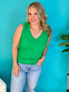 LuxeAir Ribbed Relaxed V-Neck Tank - Green-120 Sleeveless Tops-Yelete-The Lovely Closet, Women's Fashion Boutique in Alexandria, KY
