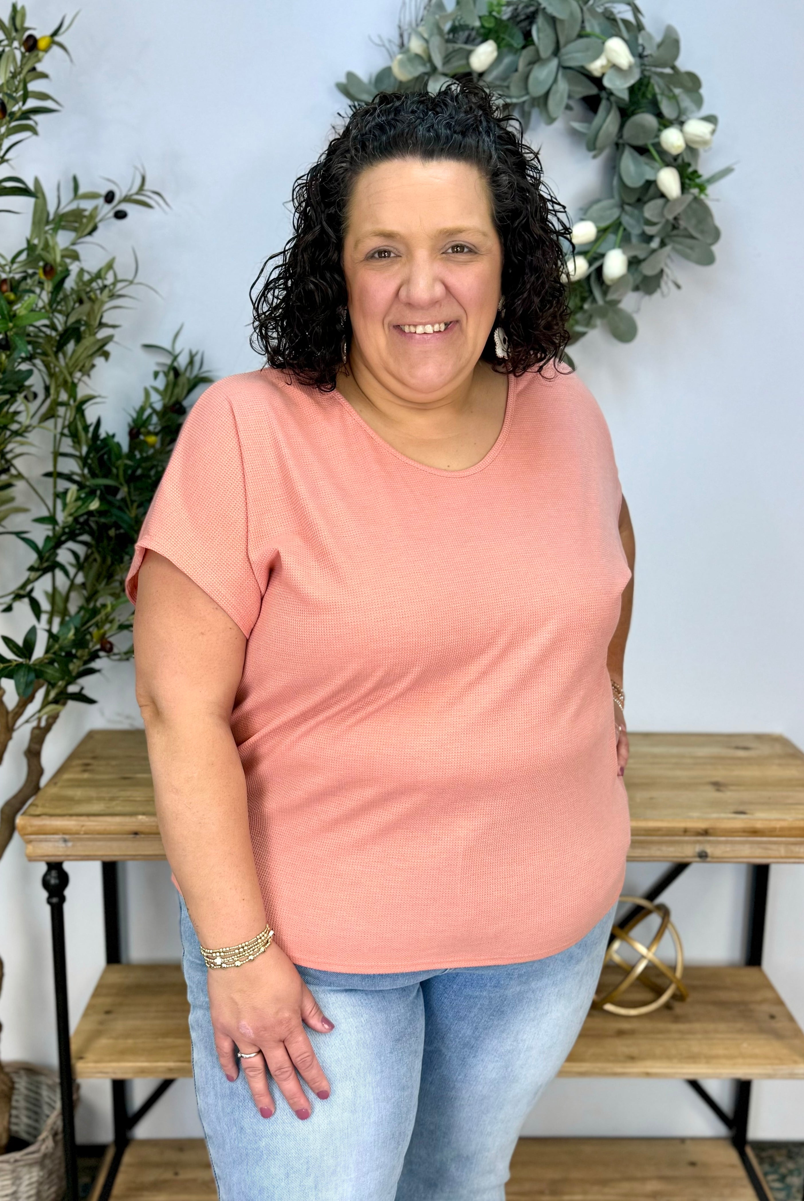 Choose Happy Micro Waffle Knit Top - Apricot-100 Short Sleeve Tops-The Lovely Closet-The Lovely Closet, Women's Fashion Boutique in Alexandria, KY