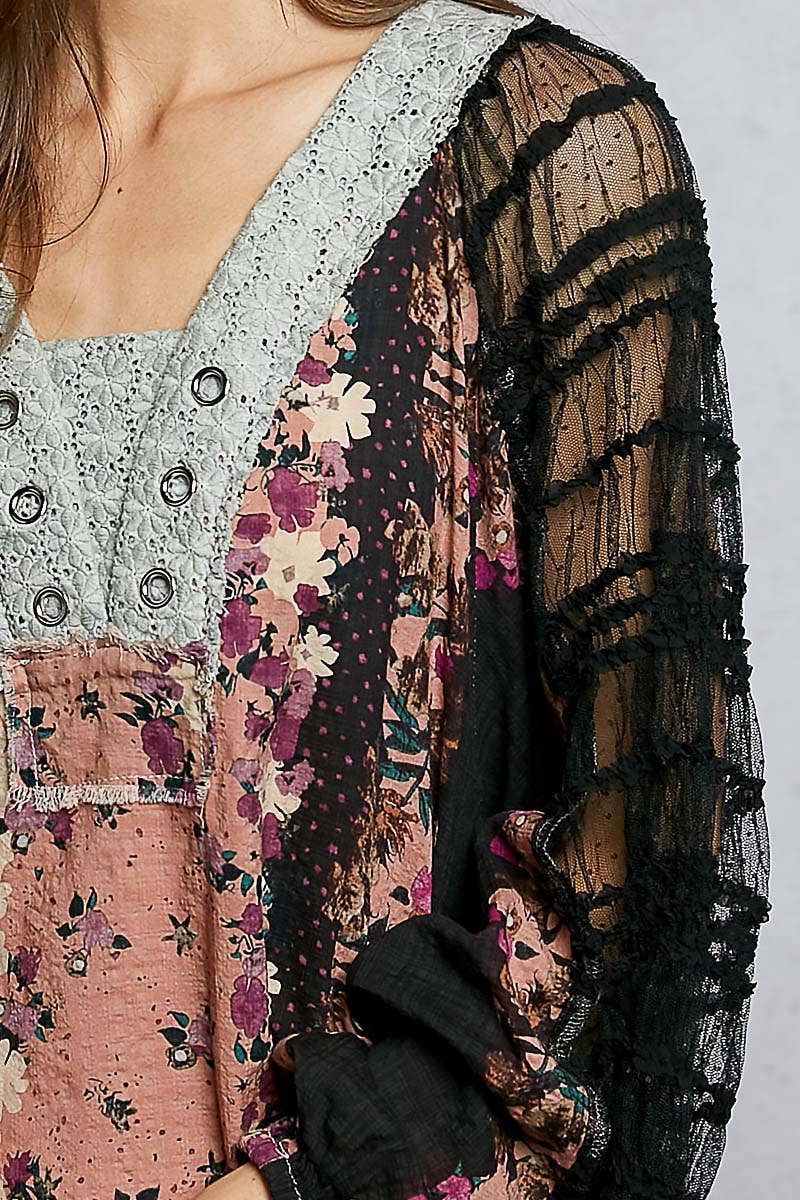 Long Sleeve Lace Contrast Printed Woven Top-110 Long Sleeve Top-Pol Clothing-The Lovely Closet, Women's Fashion Boutique in Alexandria, KY