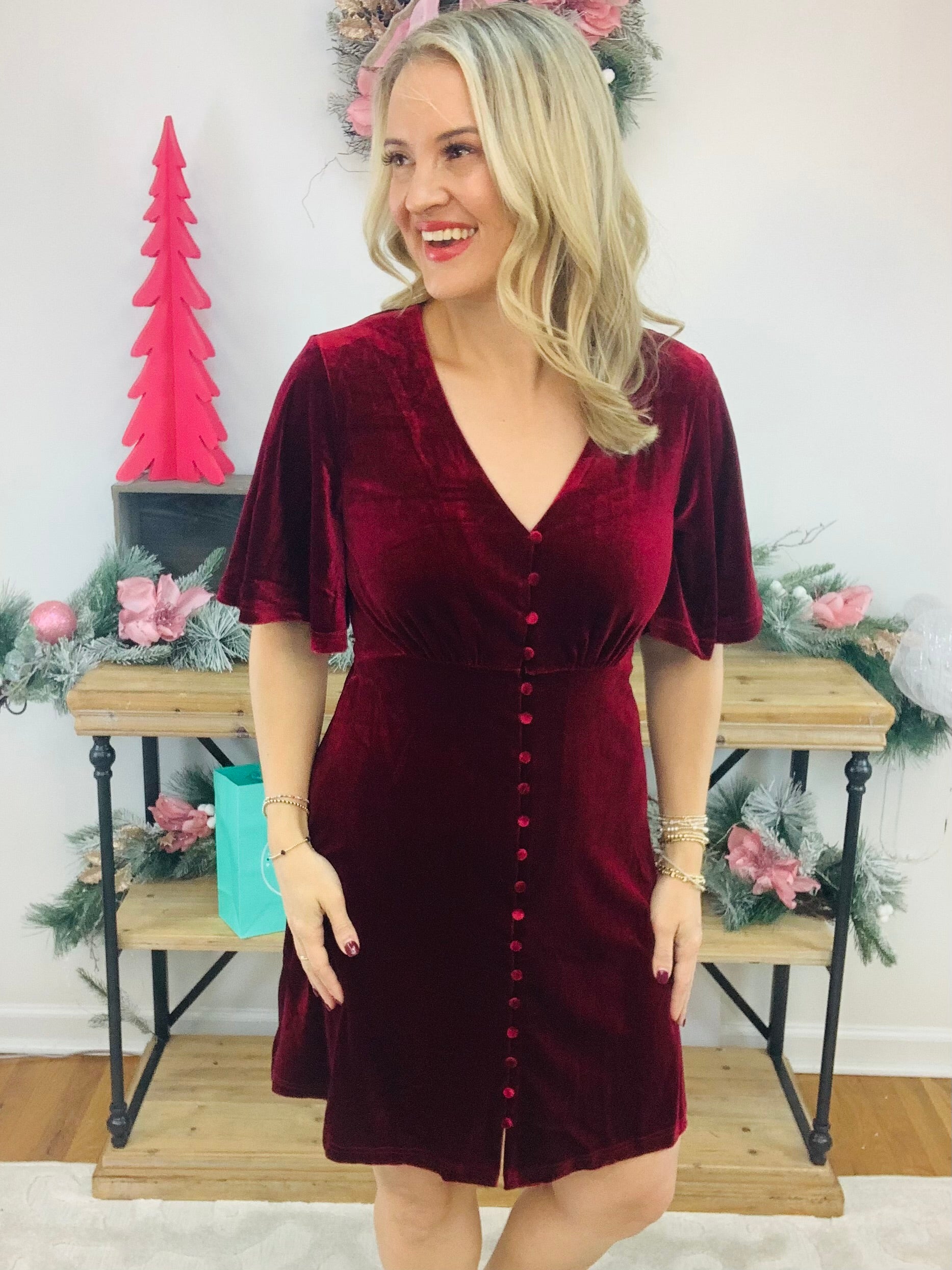 Red Velvet Knee Length Dress-180 Dresses-Vine & Love-The Lovely Closet, Women's Fashion Boutique in Alexandria, KY