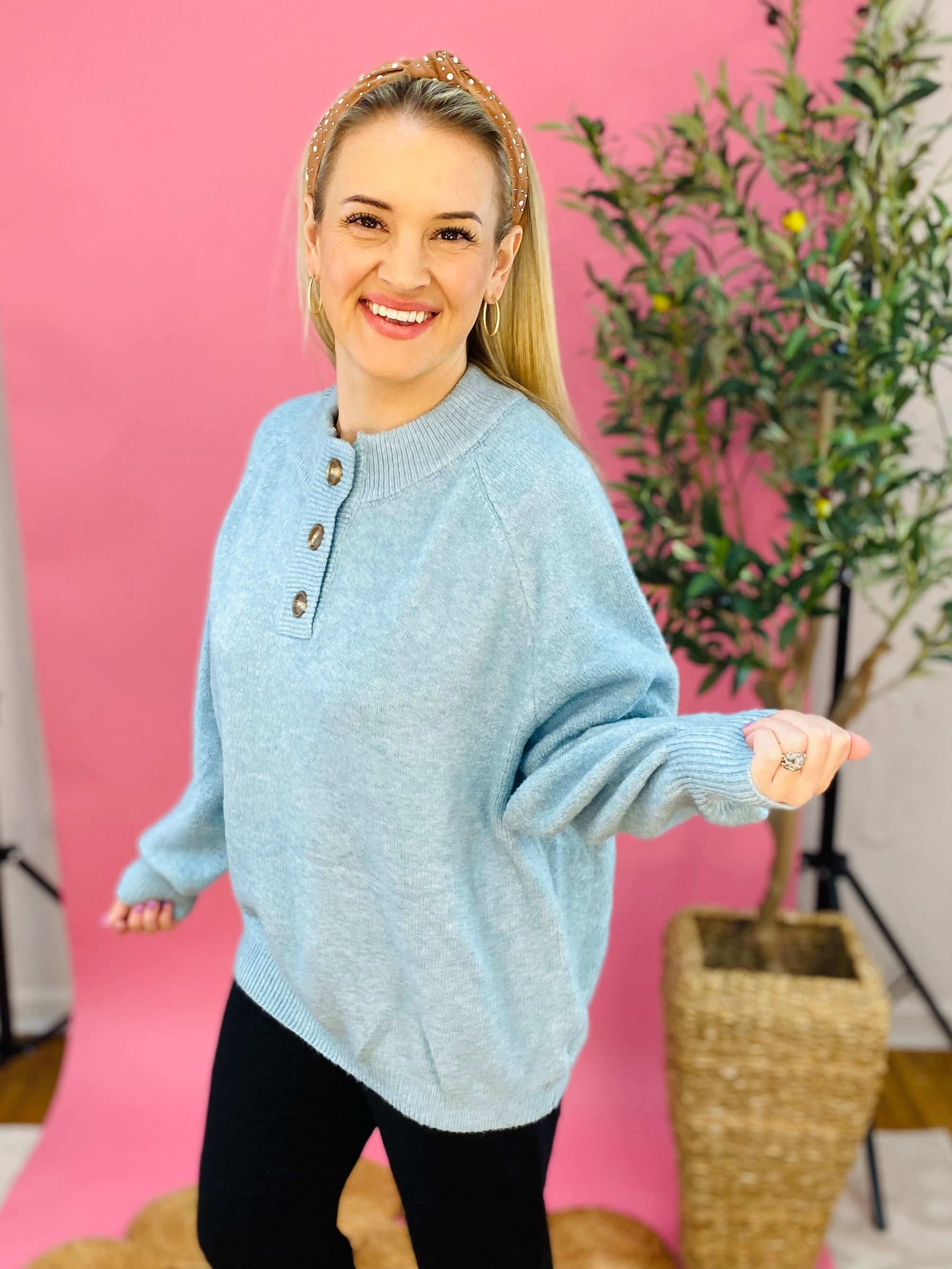 Cabin Fever 1/4 Button Sweater - Sky Blue-999 History-Vine & Love-The Lovely Closet, Women's Fashion Boutique in Alexandria, KY