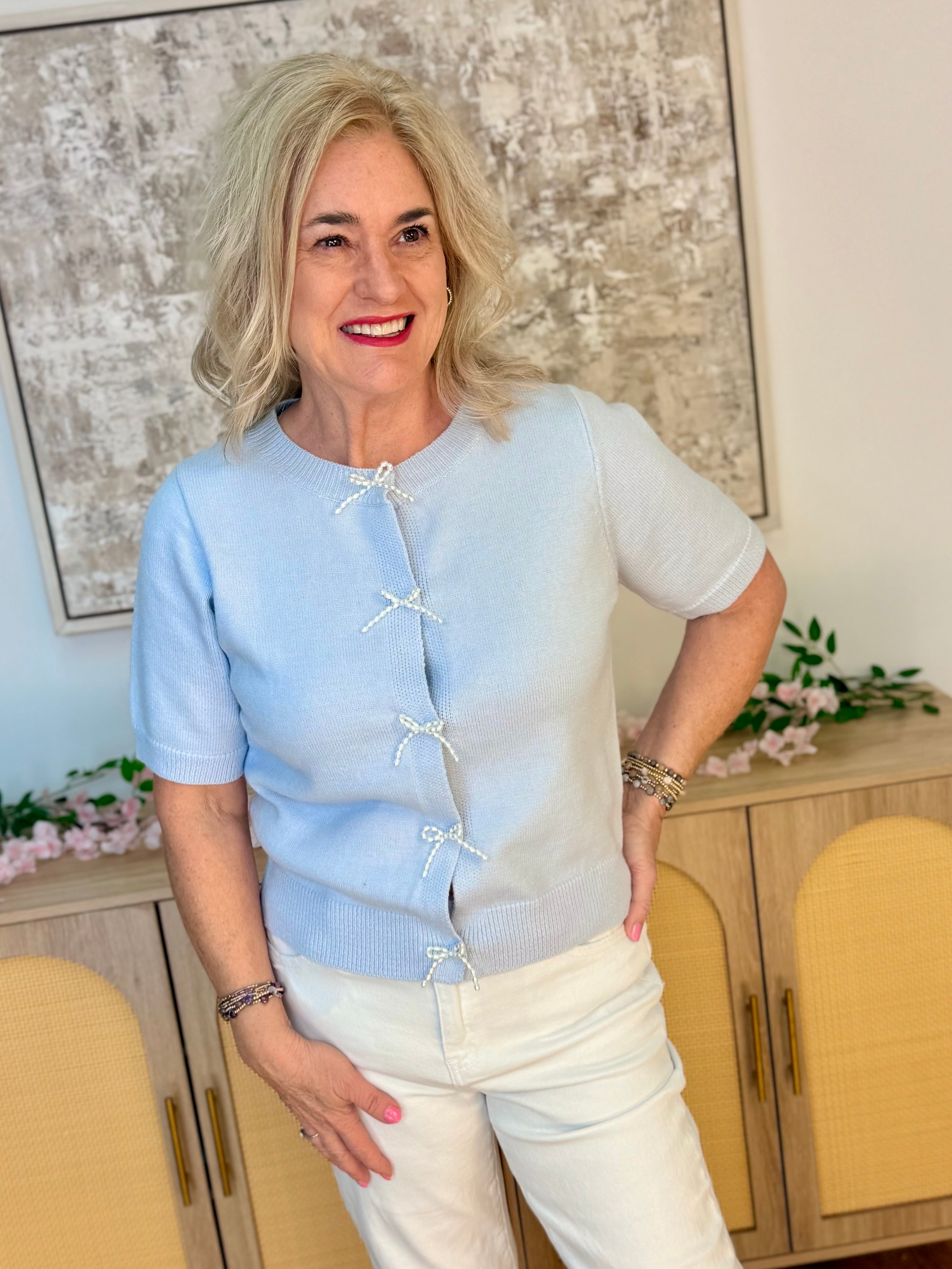 Dainty Pearl Bow Cardigan - Lt. Blue-160 Cardigan/Kimonos-Doe and Rae-The Lovely Closet, Women's Fashion Boutique in Alexandria, KY