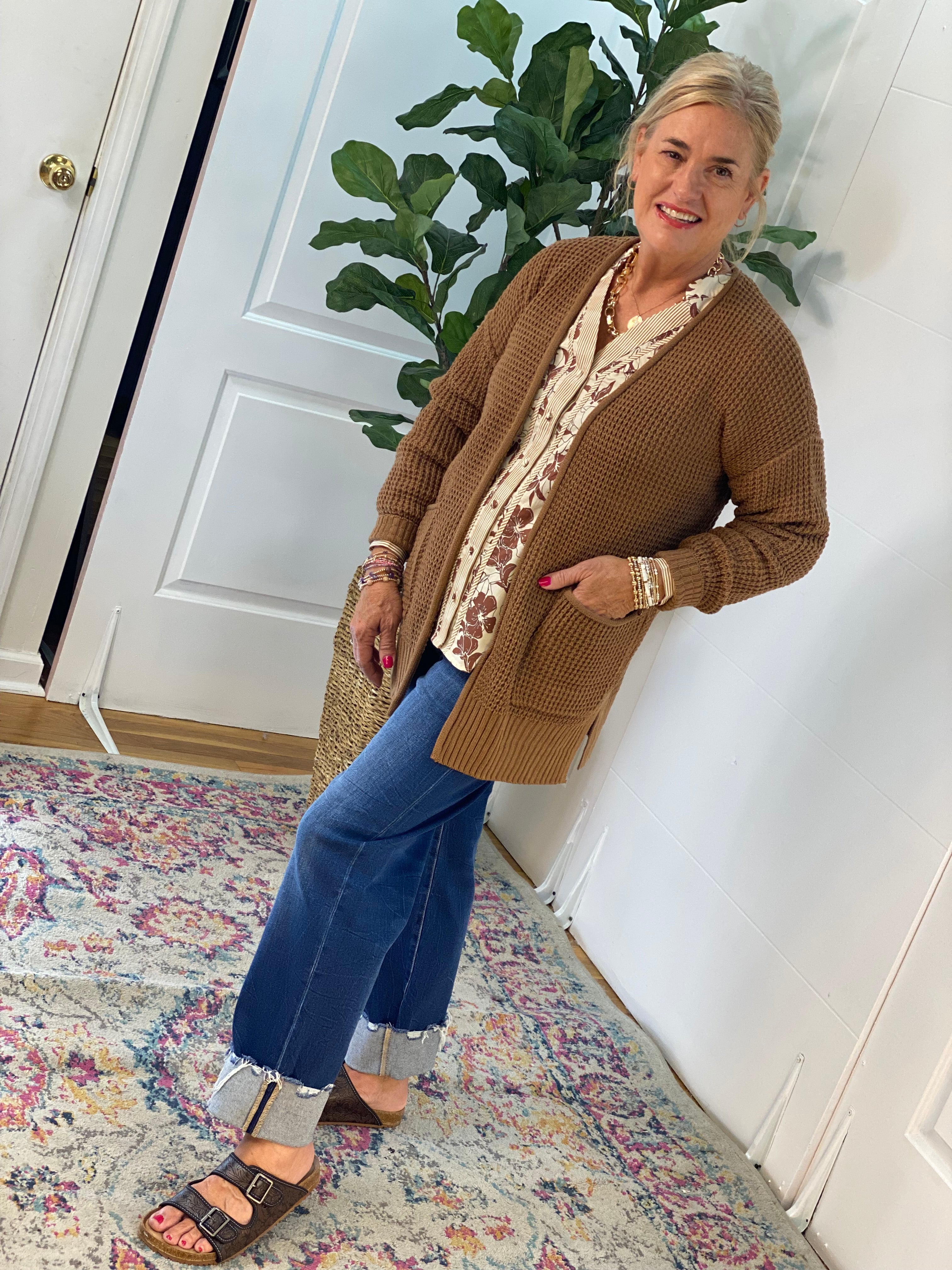 Waffle Knit Cardigan - Dark Camel-160 Cardigan/Kimonos-zenana-The Lovely Closet, Women's Fashion Boutique in Alexandria, KY