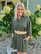 Airflow 3/4 Sleeve Buttoned Shirt Mini Dress - Olive-180 Dresses-The Lovely Closet-The Lovely Closet, Women's Fashion Boutique in Alexandria, KY