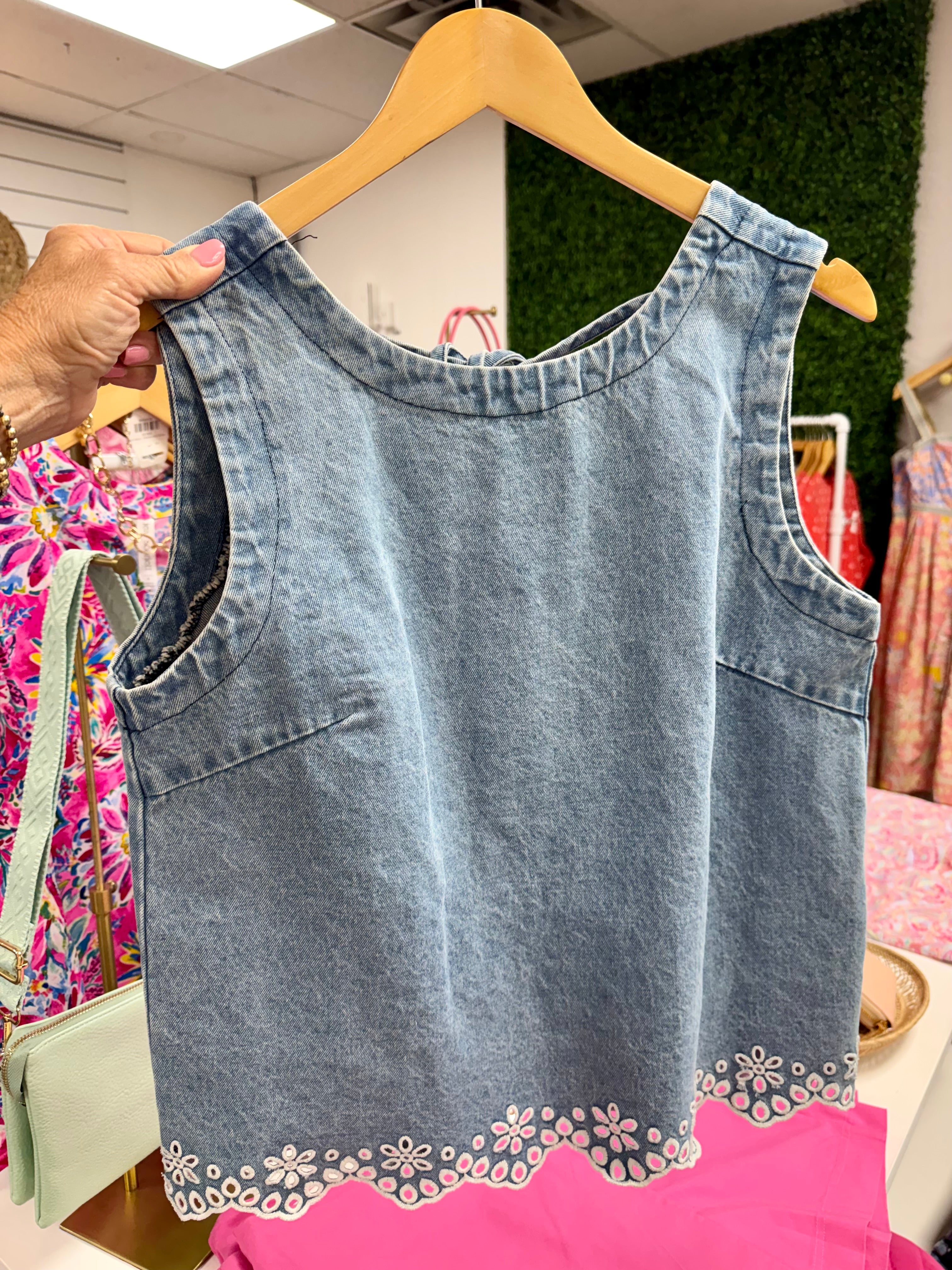 Denim Embroidered Sleeveless Top-120 Sleeveless Tops-Anniewear-The Lovely Closet, Women's Fashion Boutique in Alexandria, KY