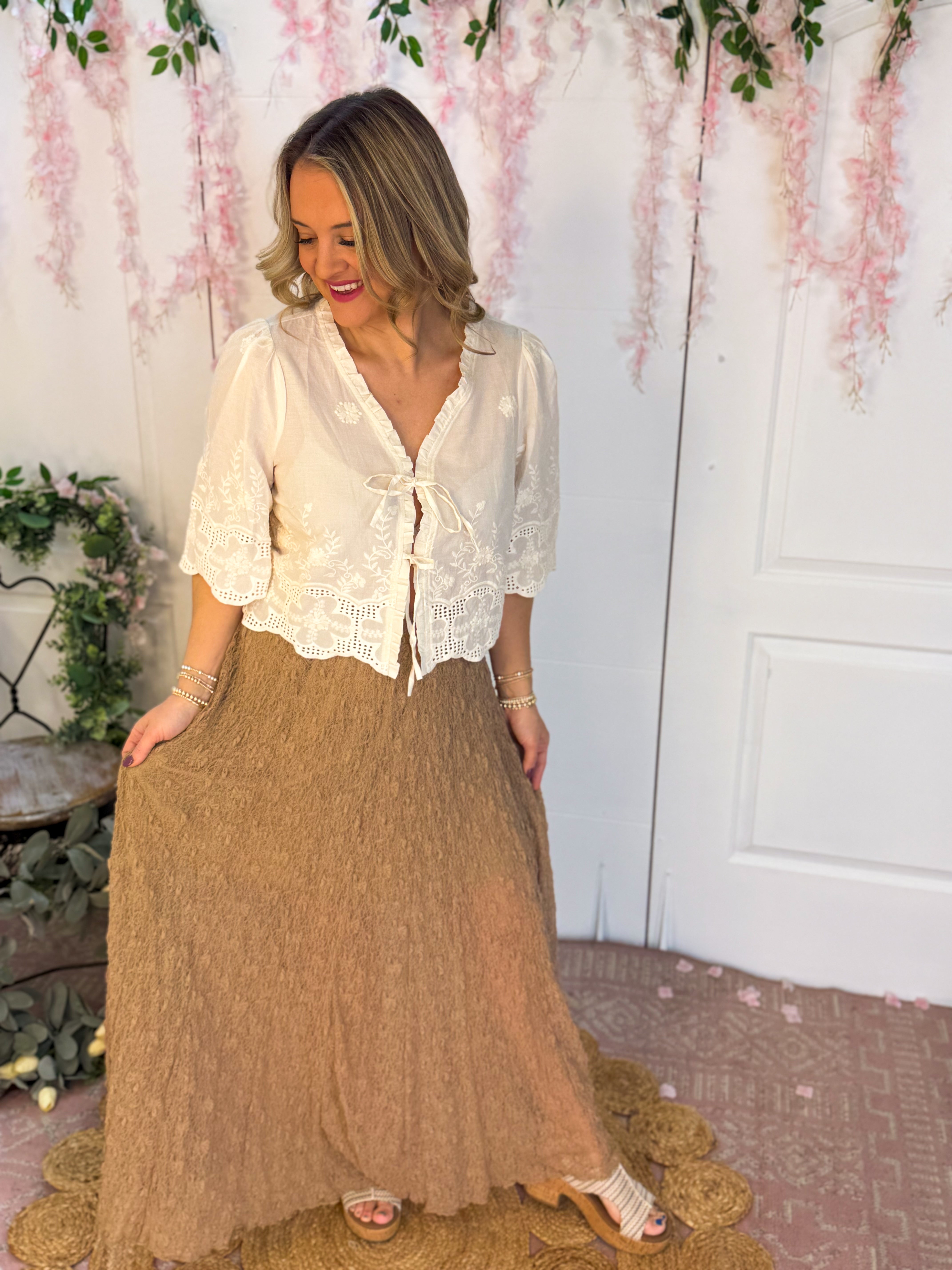 Ivory Embroidery Tie Front Blouse-100 Short Sleeve Tops-Anniewear-The Lovely Closet, Women's Fashion Boutique in Alexandria, KY