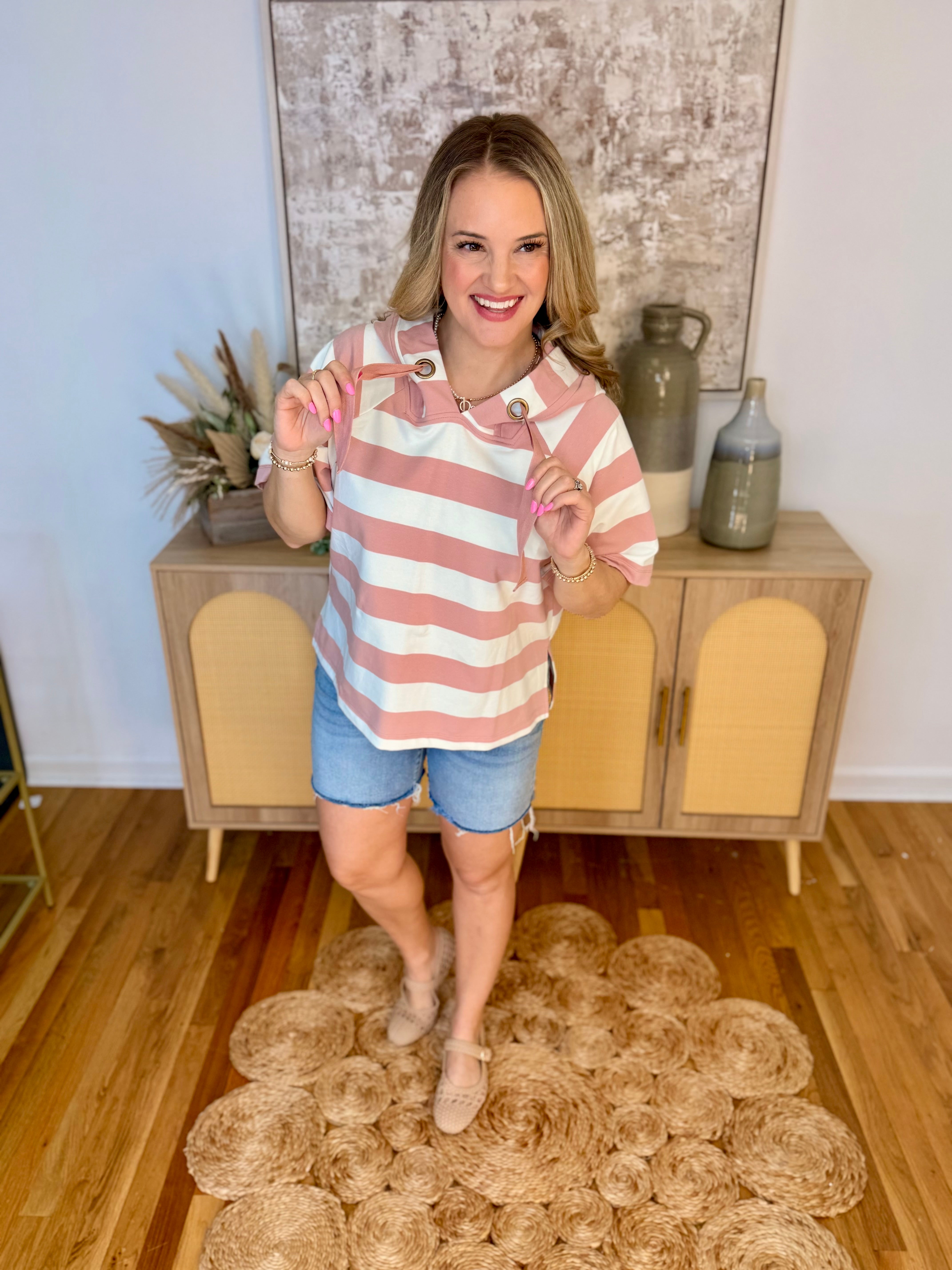 Let it be Spring Striped Hooded Top - Pink-100 Short Sleeve Tops-Doe and Rae-The Lovely Closet, Women's Fashion Boutique in Alexandria, KY