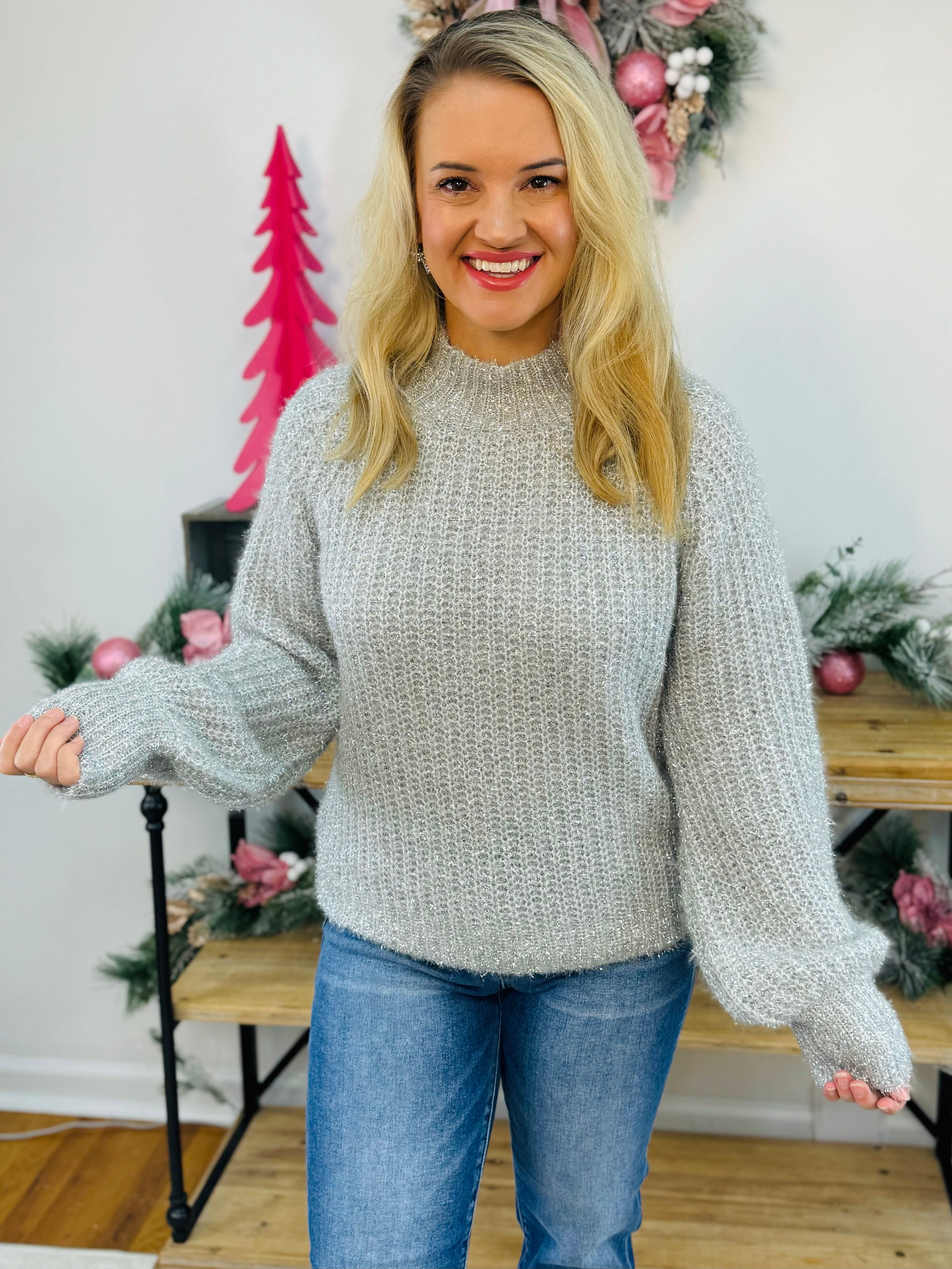 Mock Neck Glitter Yarn Knitted Sweater-140 Sweaters-Vine & Love-The Lovely Closet, Women's Fashion Boutique in Alexandria, KY