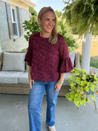 September Stroll Jacquard Bell Sleeve Chiffon Blouse-100 Short Sleeve Tops-Anniewear-The Lovely Closet, Women's Fashion Boutique in Alexandria, KY