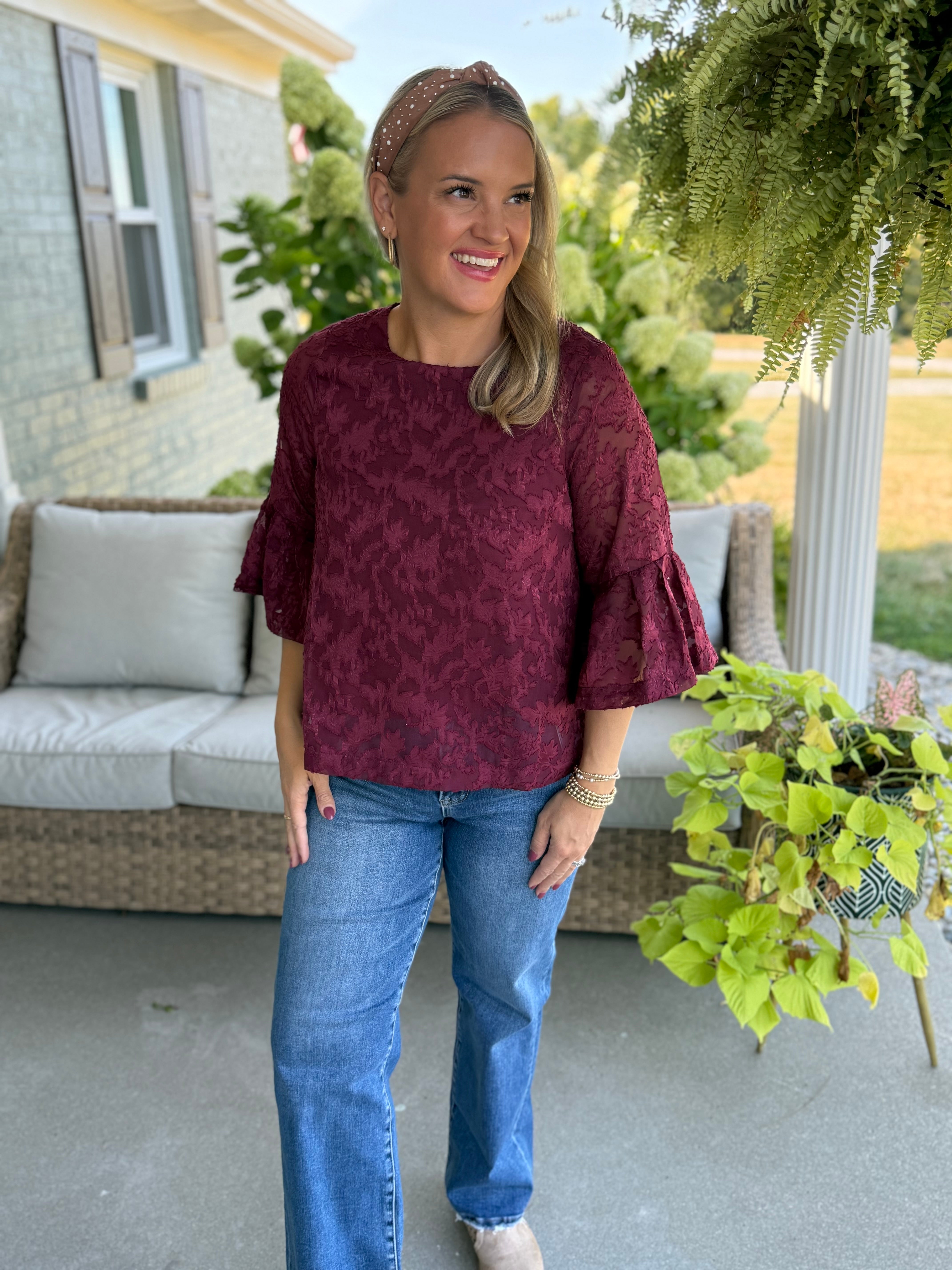 September Stroll Jacquard Bell Sleeve Chiffon Blouse-100 Short Sleeve Tops-Anniewear-The Lovely Closet, Women's Fashion Boutique in Alexandria, KY