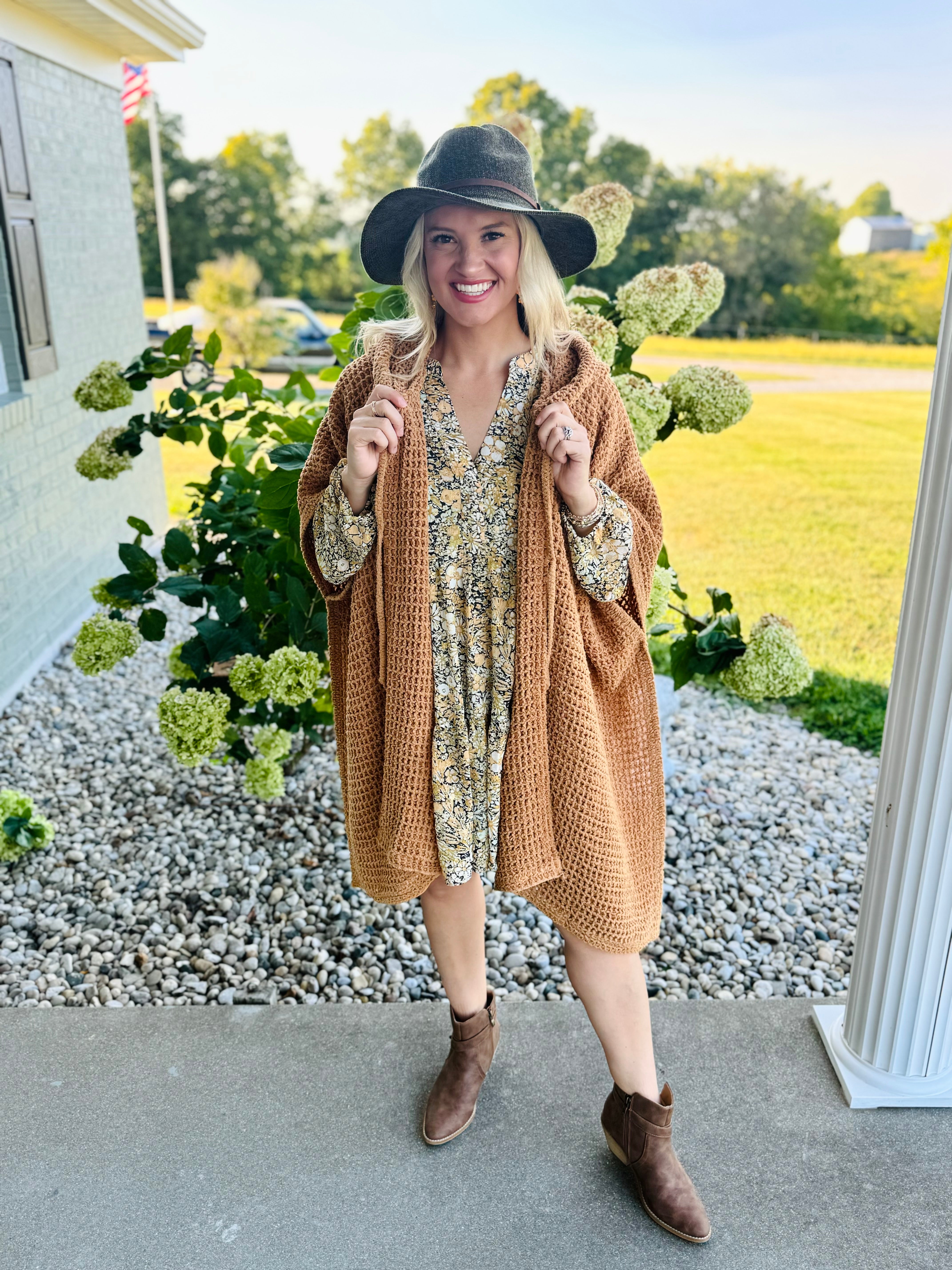 Onesize Waffle Hooded Cozy Knit Wrap - Honey-160 Cardigan/Kimonos-The Lovely Closet-The Lovely Closet, Women's Fashion Boutique in Alexandria, KY