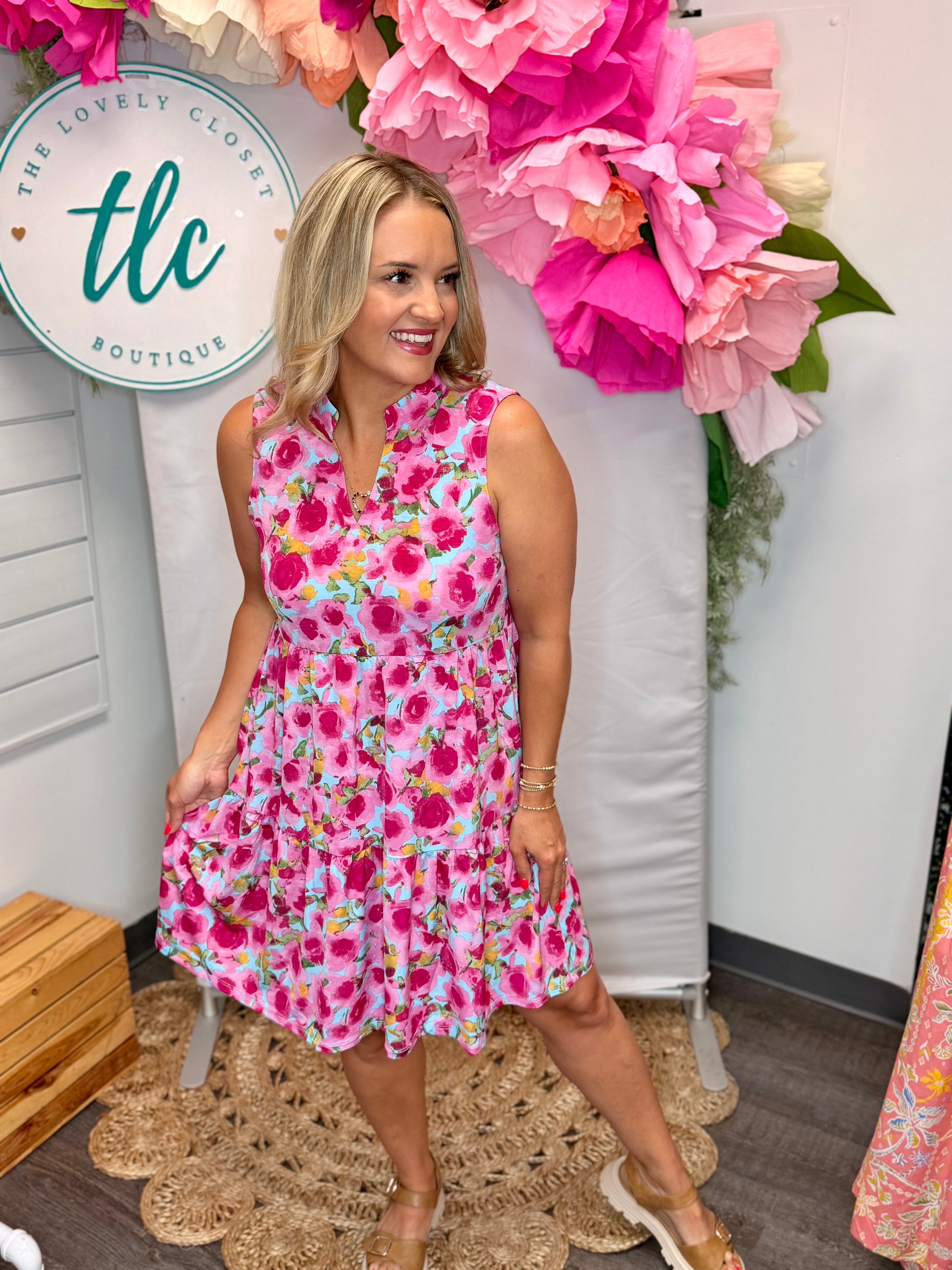Pink Roses Lizzy Dress-180 Dresses-Dear Scarlett-The Lovely Closet, Women's Fashion Boutique in Alexandria, KY