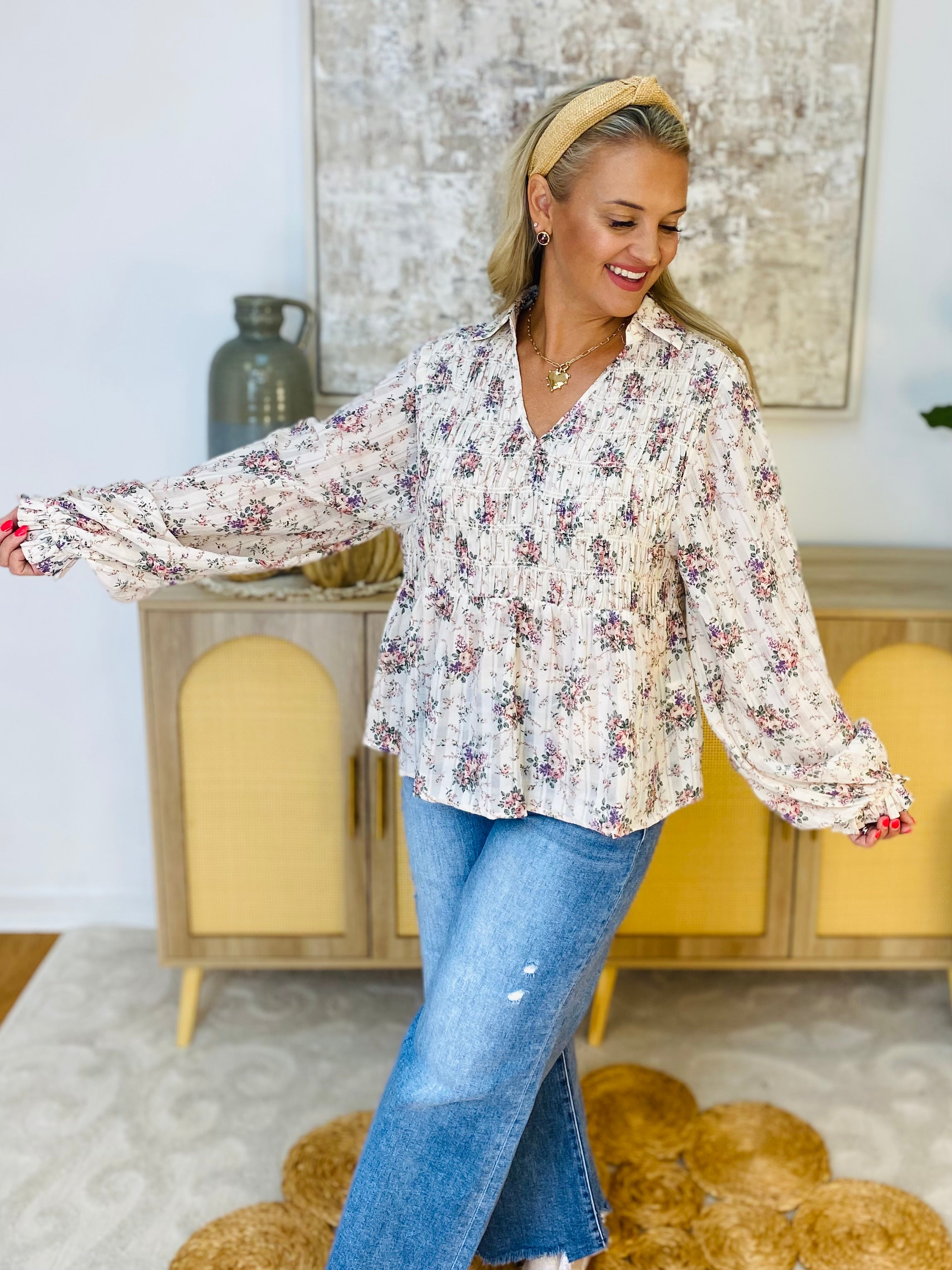 Floral Printed Woven Top-110 Long Sleeve Top-bibi-The Lovely Closet, Women's Fashion Boutique in Alexandria, KY