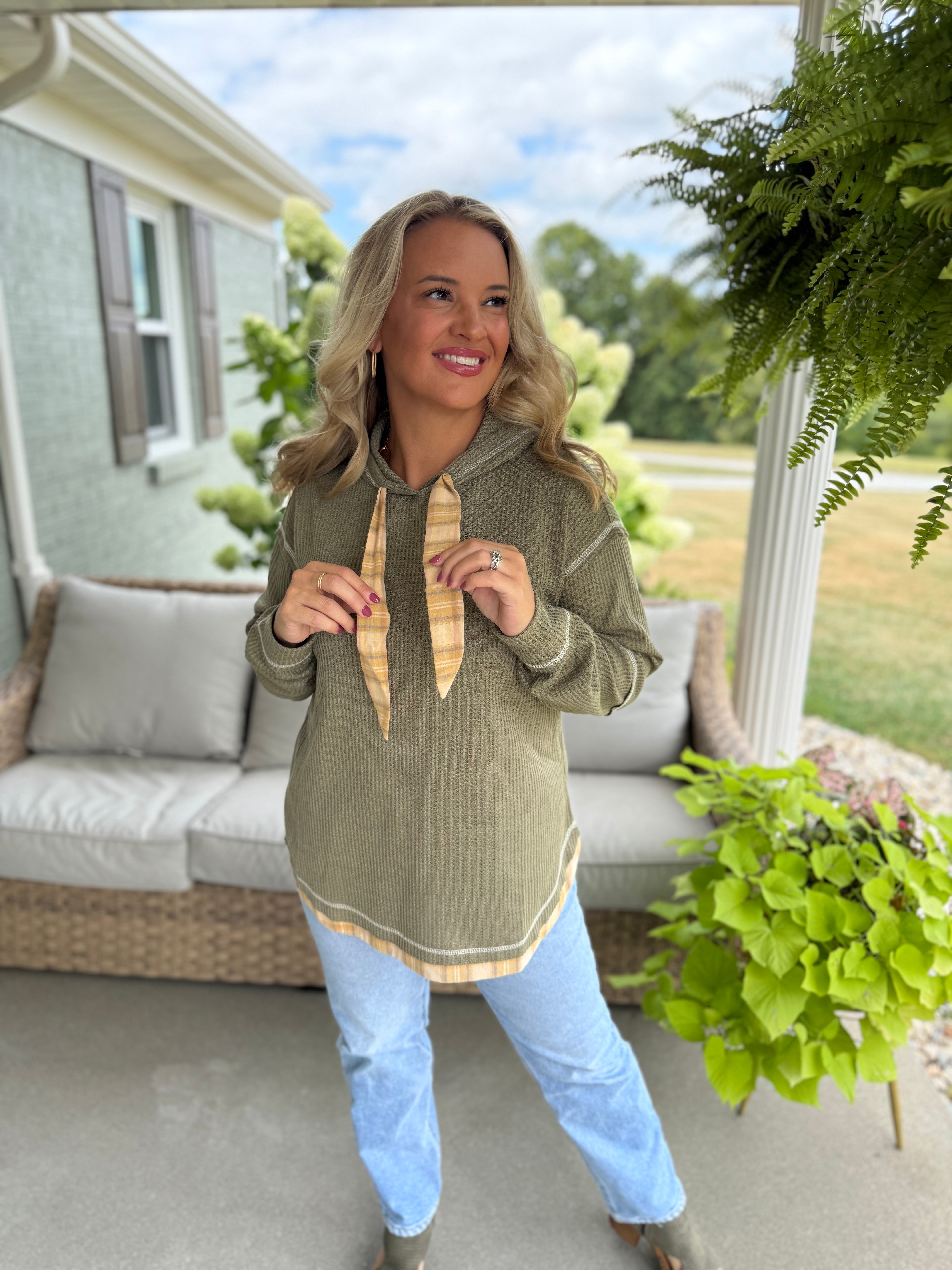 WAFFLE KNIT PLAID DETAIL HOODED PULLOVER-110 Long Sleeve Top-Doe and Rae-The Lovely Closet, Women's Fashion Boutique in Alexandria, KY