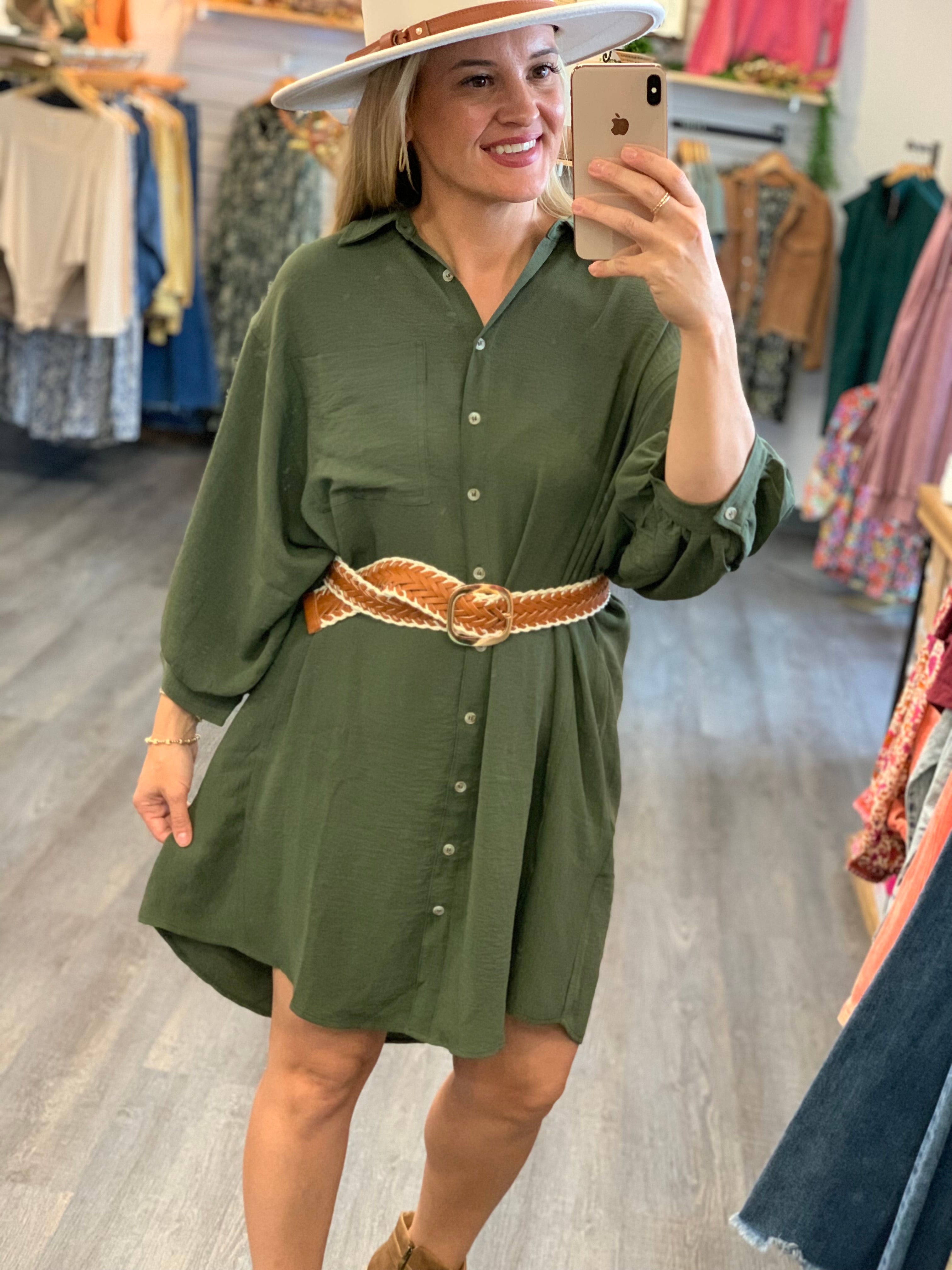 Airflow 3/4 Sleeve Buttoned Shirt Mini Dress - Olive-180 Dresses-The Lovely Closet-The Lovely Closet, Women's Fashion Boutique in Alexandria, KY