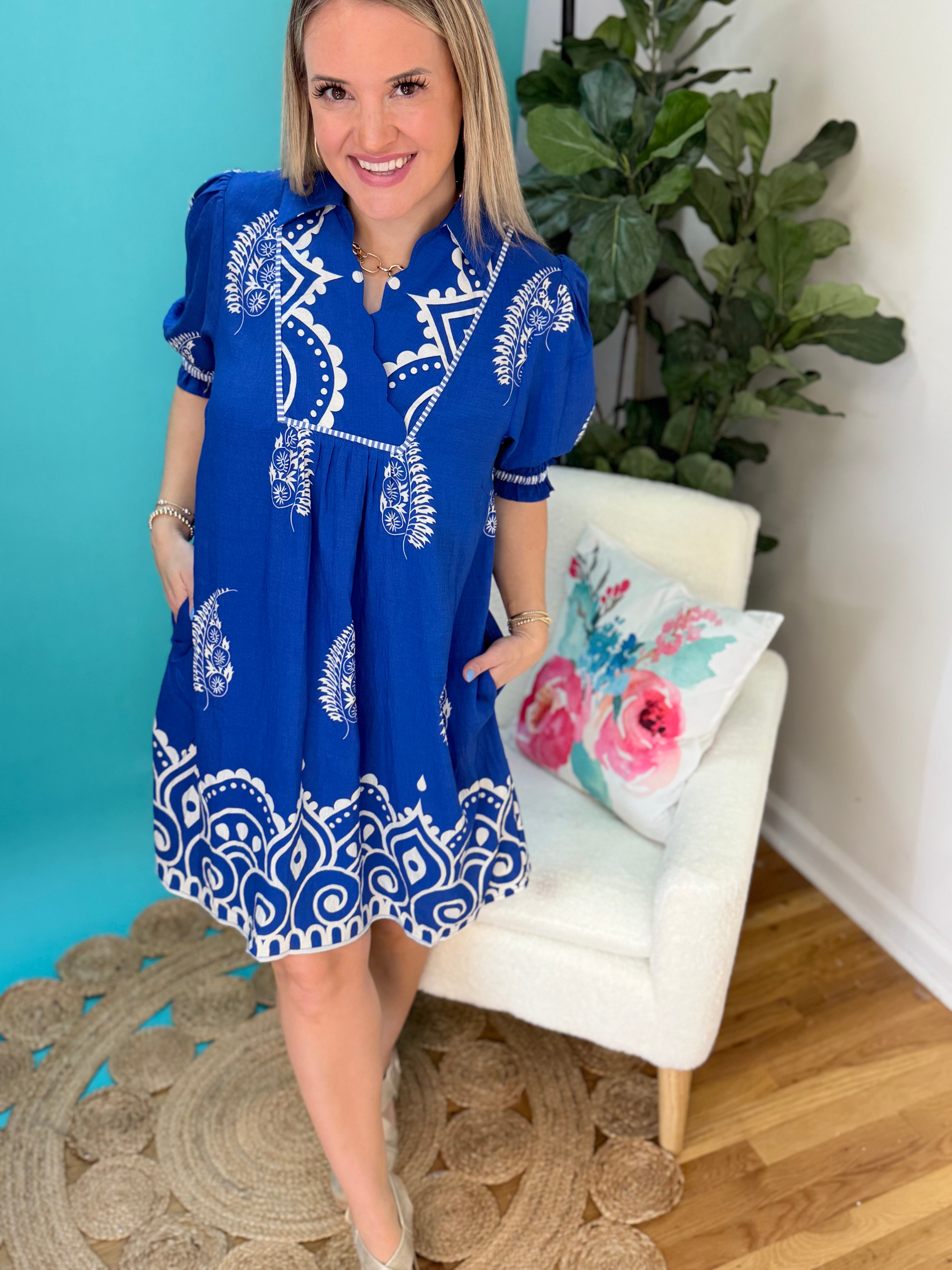 Sapphire Blooms Dress-180 Dresses-umgee-The Lovely Closet, Women's Fashion Boutique in Alexandria, KY