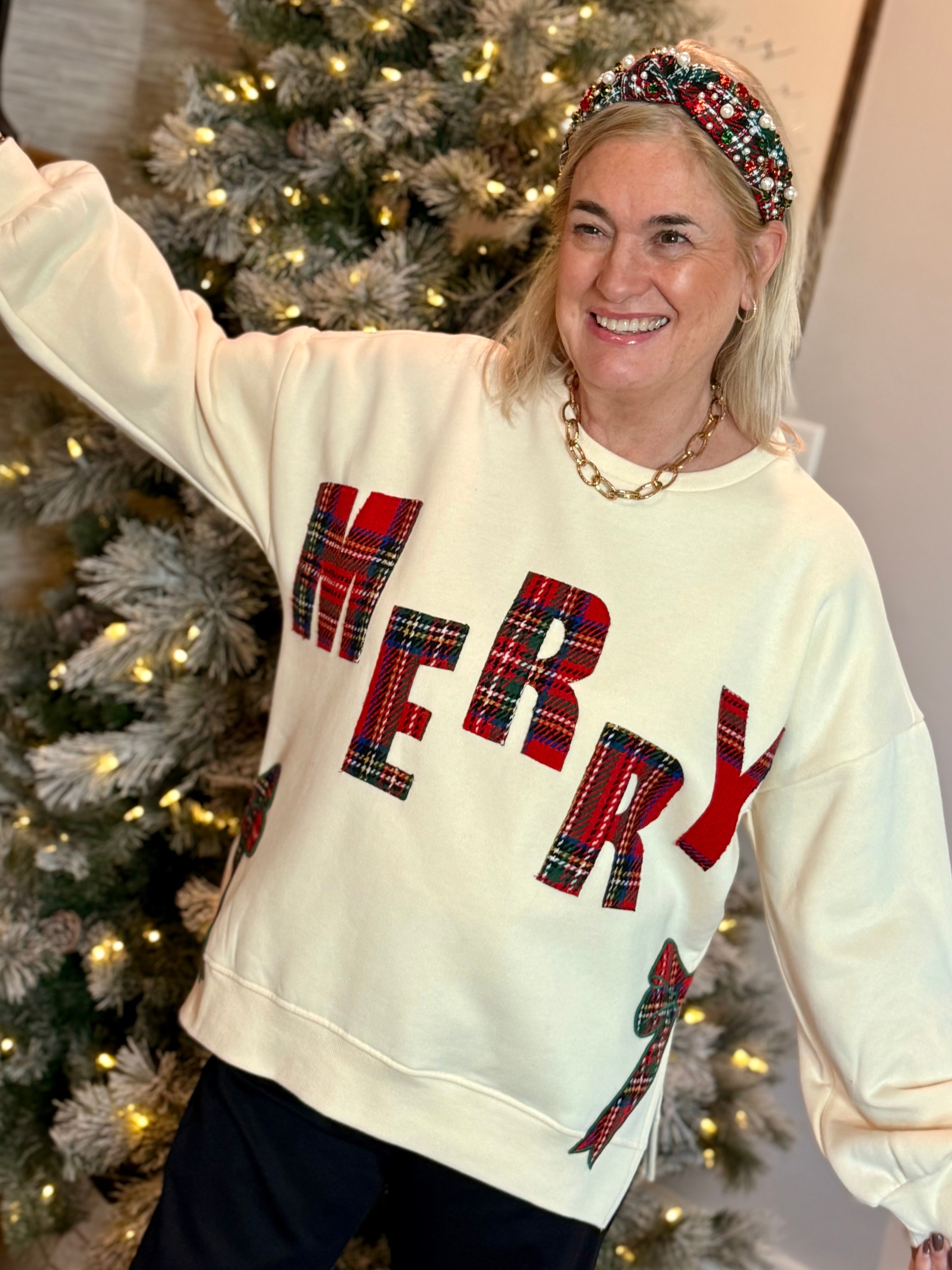 Plaid Merry Applique Pullover-110 Long Sleeve Top-Bibi-The Lovely Closet, Women's Fashion Boutique in Alexandria, KY