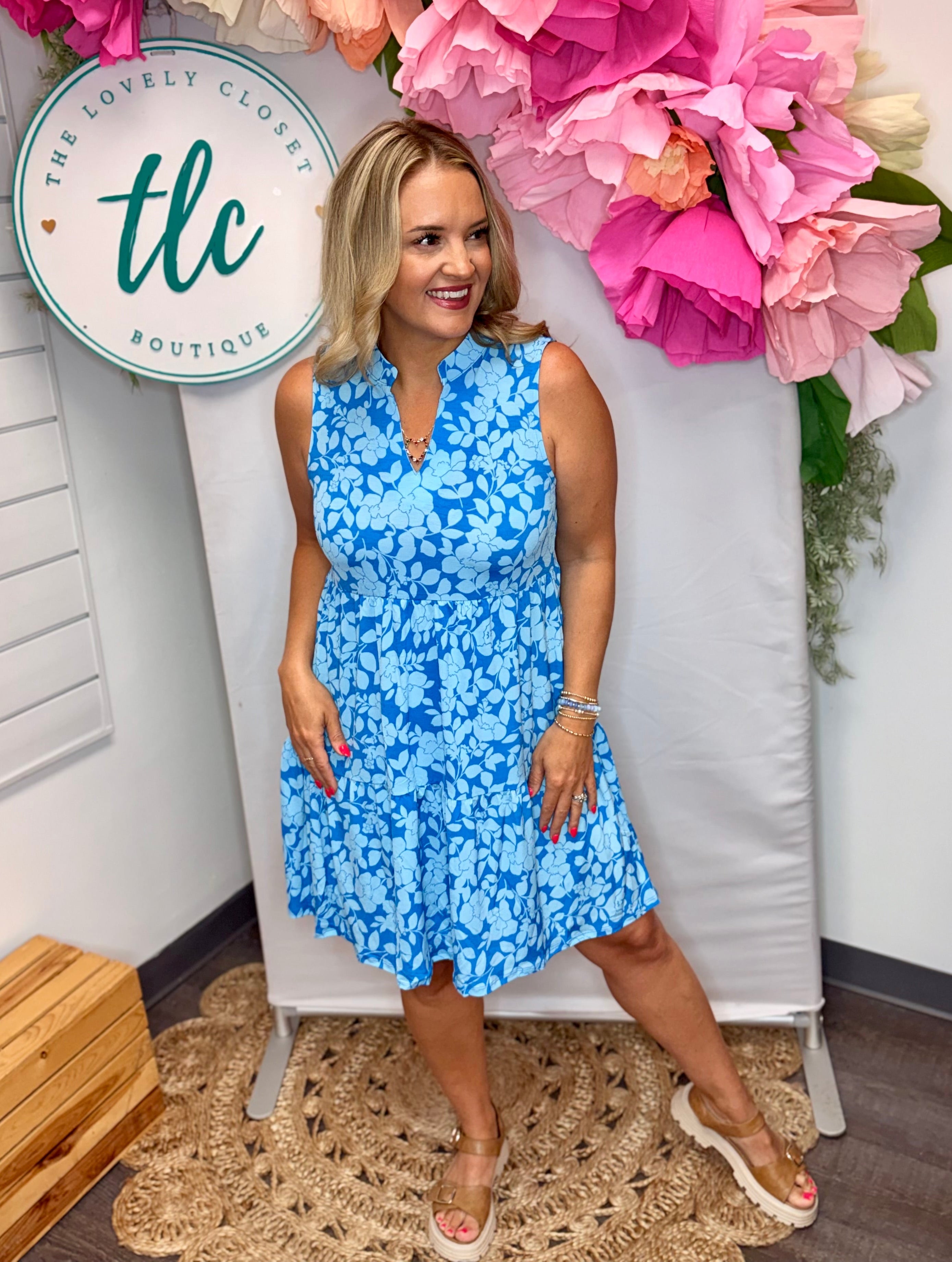 Coastal Blue Floral Lizzy Dress-180 Dresses-Dear Scarlett-The Lovely Closet, Women's Fashion Boutique in Alexandria, KY