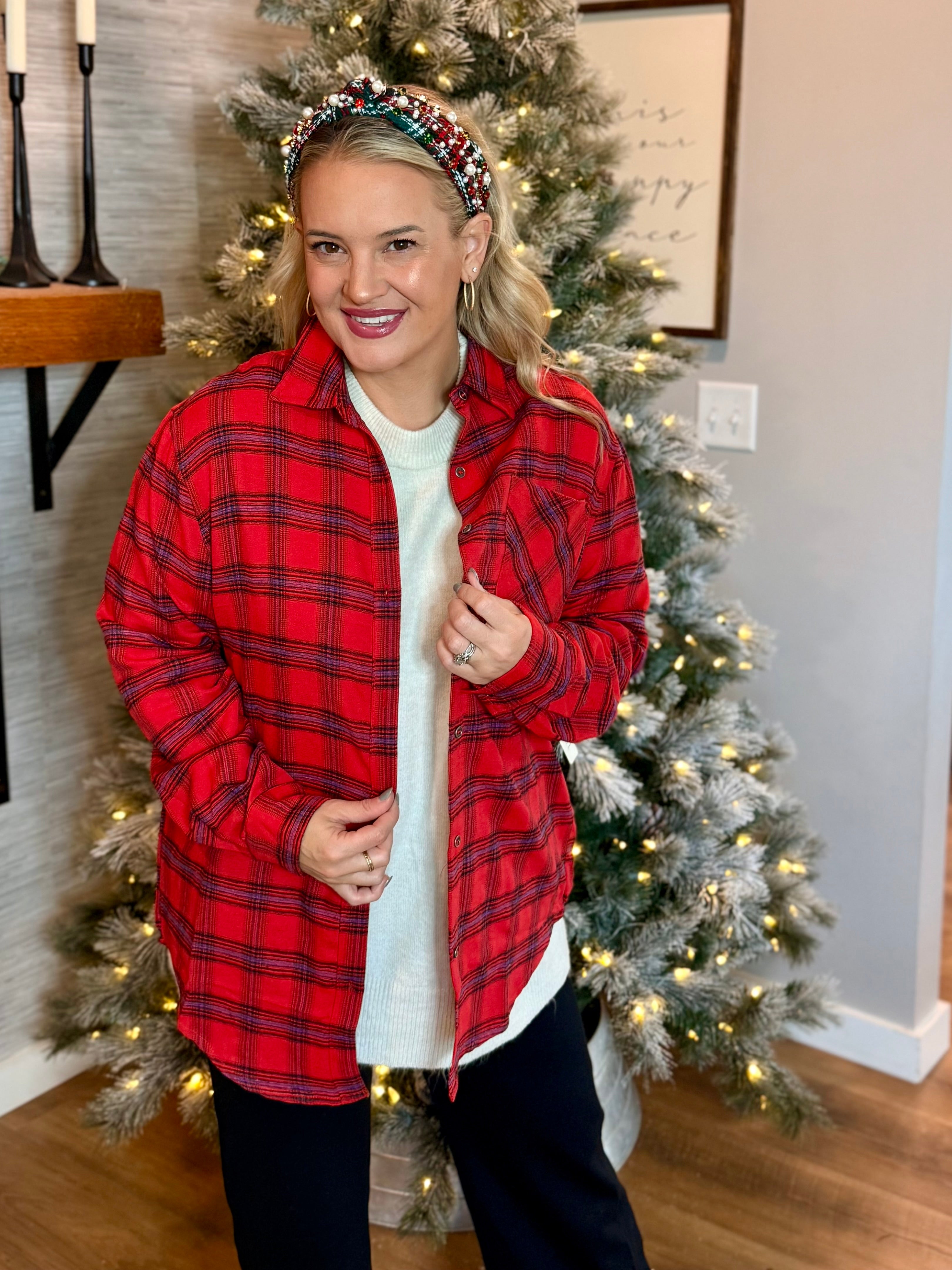 Button Down Plaid Shirt - Red-110 Long Sleeve Top-La Miel-The Lovely Closet, Women's Fashion Boutique in Alexandria, KY