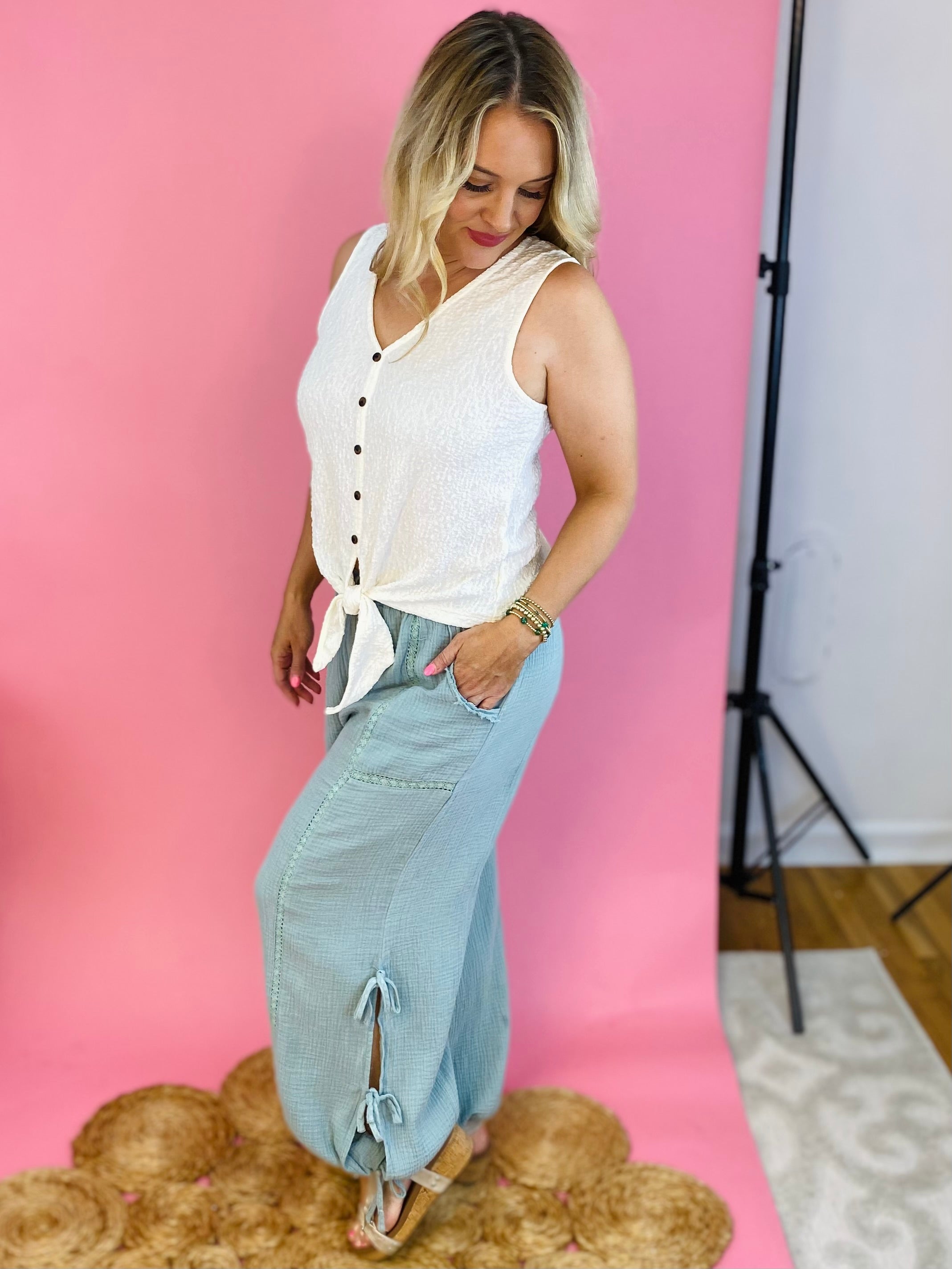 Walk on the Beach Side Tie Pants - Sea Glass-240 Pants-Epsom-The Lovely Closet, Women's Fashion Boutique in Alexandria, KY